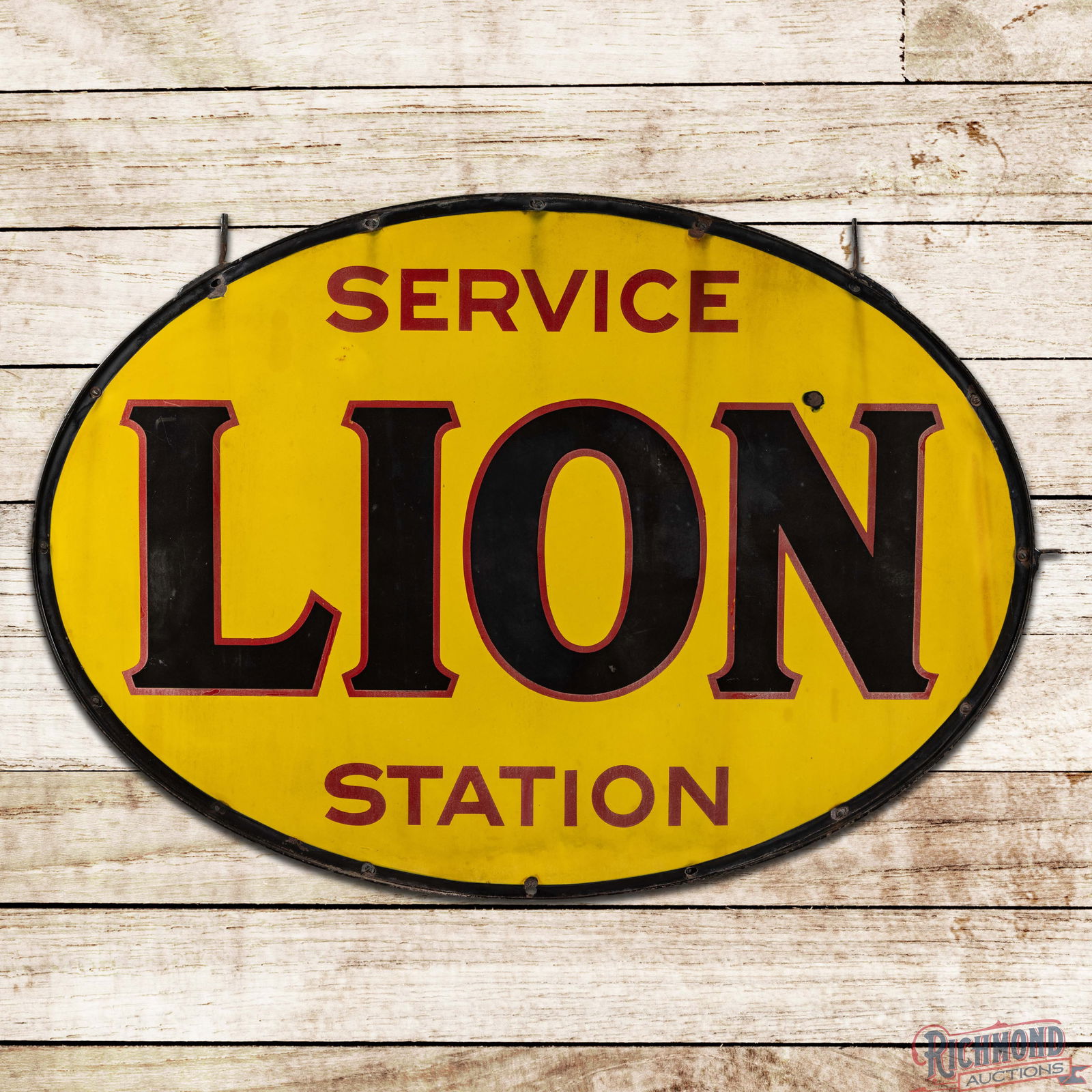 Scarce Lion Gasoline Service Station Single Sided Porcelain Sign w/ Ring: Rare SSP (Single Sided Porcelain) sign with the original metal ring has good color and gloss. The field has minor surface wear with slight discoloration throughout and a chip above the "N" in the