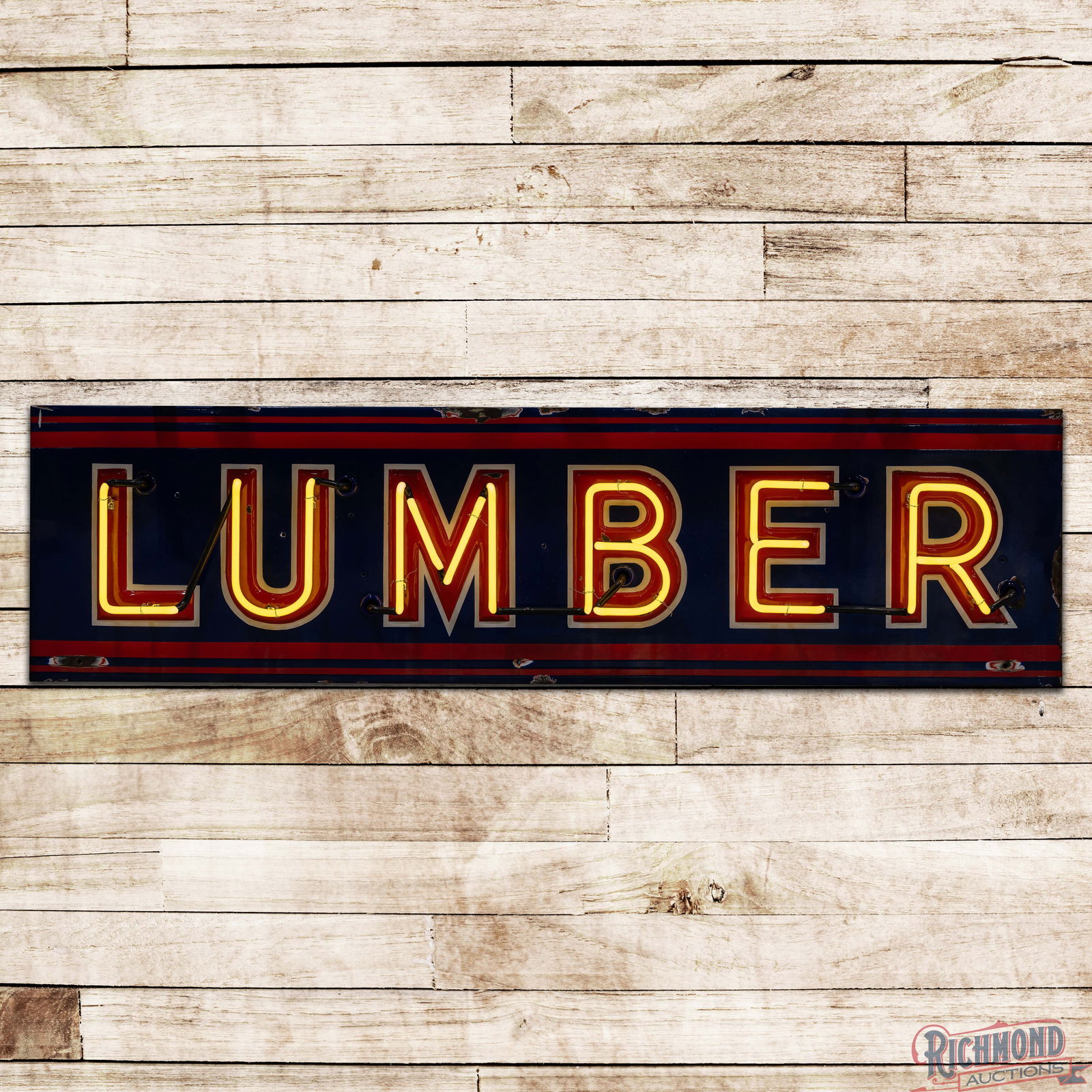Lumber 7' Emb. Single Sided Porcelain Factory Neon Sign: SSP (Single Sided Porcelain) embossed factory neon sign with a new metal can has excellent color and gloss. The sign features heavily embossed "Lumber" lettering with brilliant single-color neon. The