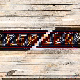 Lumber 7' Emb. Single Sided Porcelain Factory Neon Sign: SSP (Single Sided Porcelain) embossed factory neon sign with a new metal can has excellent color and gloss. The sign features heavily embossed "Lumber" lettering with brilliant single-color neon. The