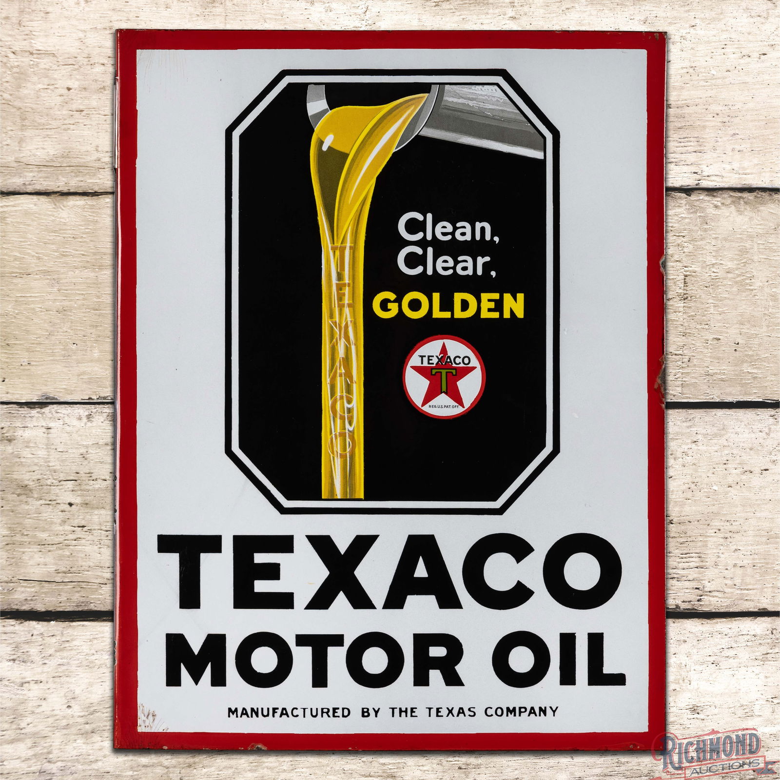 Impressive Texaco Clean Clear Golden Motor Oil Double Sided Porcelain Flange Sign w/ Logo: Fantastic DSP (Double Sided Porcelain) flange sign has day one color and gloss. Side #1 has a clean field with small chips and minor crazing along the outer edges. The reverse has a small area of