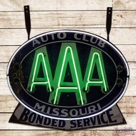AAA Auto Club of Missouri "Bonded Service" Double Sided Porcelain Factory Neon Logo Sign