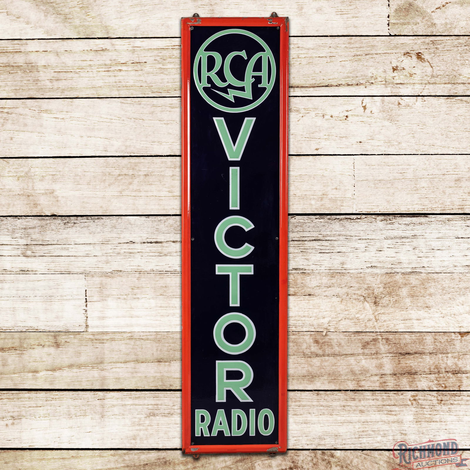 Rare RCA Victor Vertical 6' Emb. Single Sided Porcelain Sign: SSP (Single Sided Porcelain) self-framed sign has outstanding color and gloss. The field is very clean overall with light surface imperfections and minor marks in the lettering. The perimeter has chip