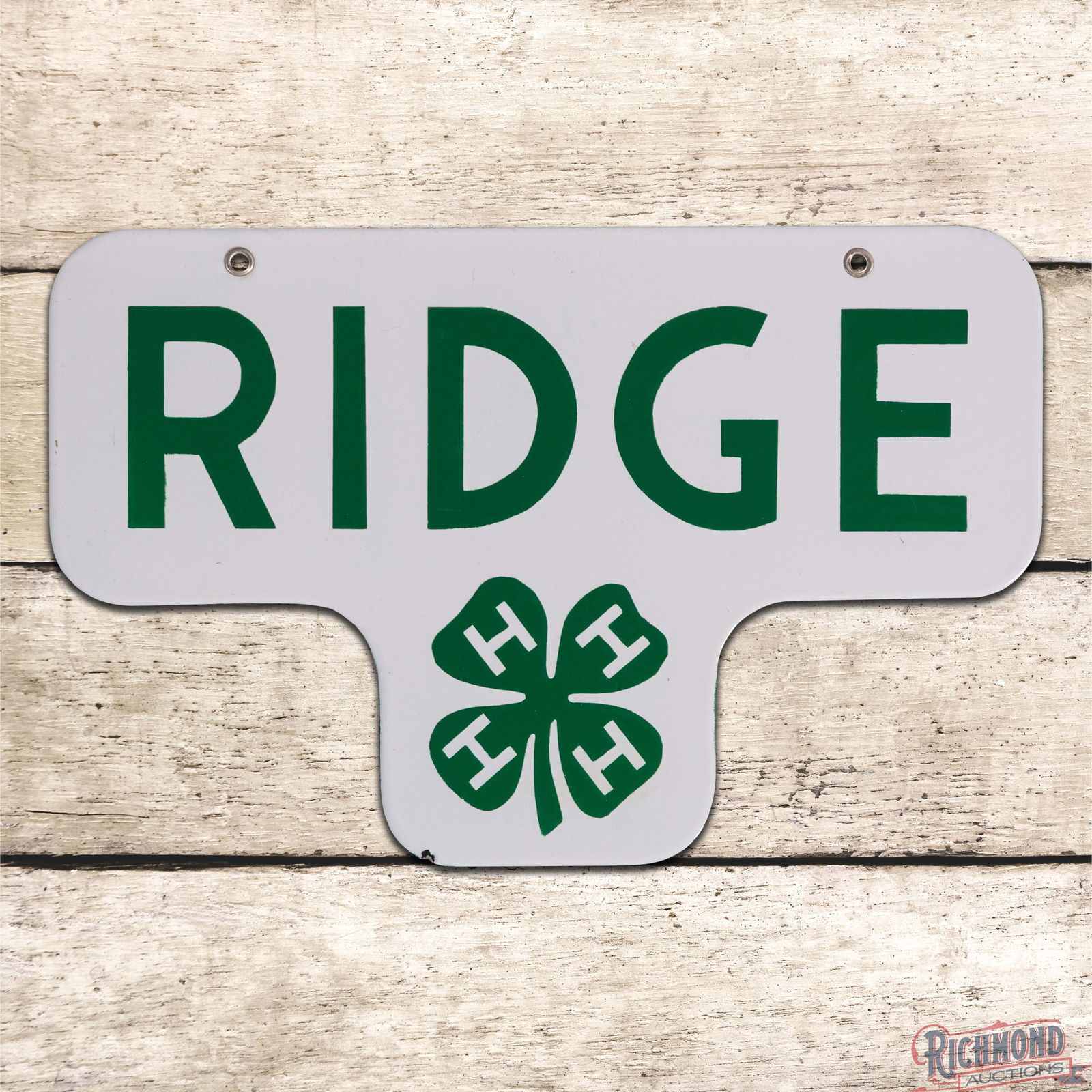 Unique Ridge 4-H Club Die Cut Double Sided Porcelain Sign w/ Four Leaf Clover Logo: DSP (Double Sided Porcelain) sign has day one color and gloss. The display has a clean field with a small chip in the lower right edge. The reverse is very similar to the display with light surface