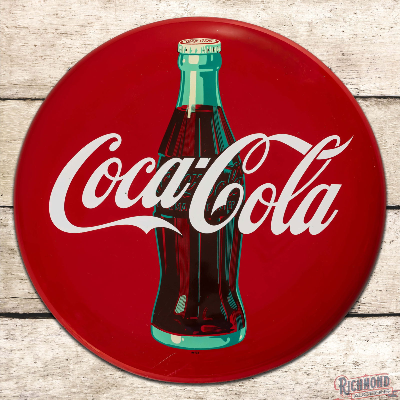 Coca Cola 24" Single Sided Tin Convex Button Sign w/ Bottle: SST (Single Sided Tin) Coke button sign has excellent color and shine. The field has minor imperfections with a few tiny errant green paint drips. The lower edges of the bottle and lower field have fi