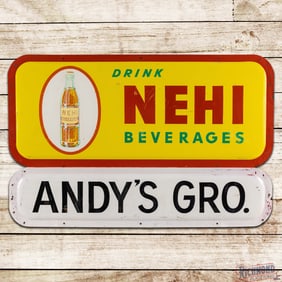 1953 Drink Nehi Beverages "Andy's Groc." Single Sided Tin Bubble Sign w/ Bottle