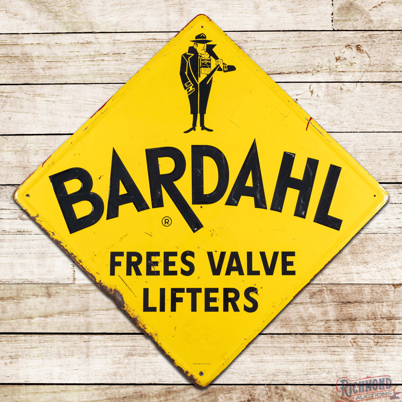Bardahl Frees Valve Lifters 49" Emb. Single Sided Tin Sign w/ Bardahl Man: SST (Single Sided Tin) embossed self-framed sign has good color and shine. The field has surface wear with scratches and paint chips. The perimeter has similar wear with areas of paint loss and