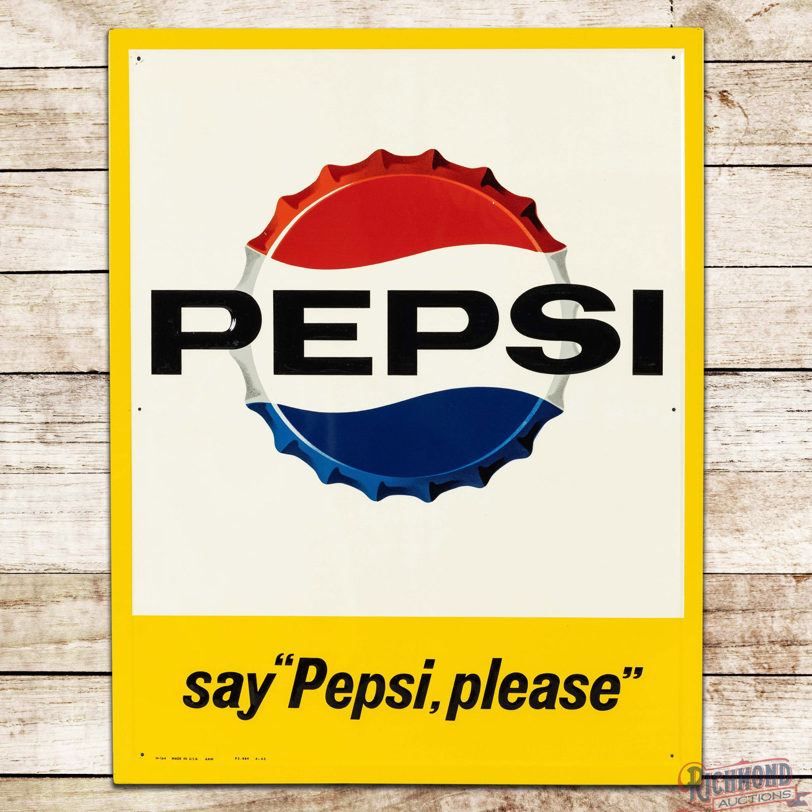Impressive 1963 Say Pepsi Please Emb. Single Sided Tin Sign w/ Bottle Cap Logo (1 of 3)