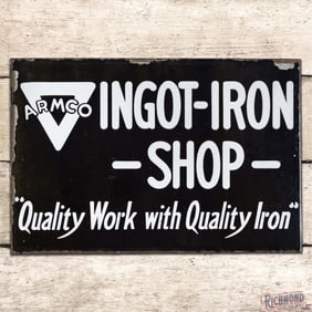 Armco Ingot Iron Shop "Quality Work with Quality Iron" Double Sided Porcelain Flange Sign w/ Logo