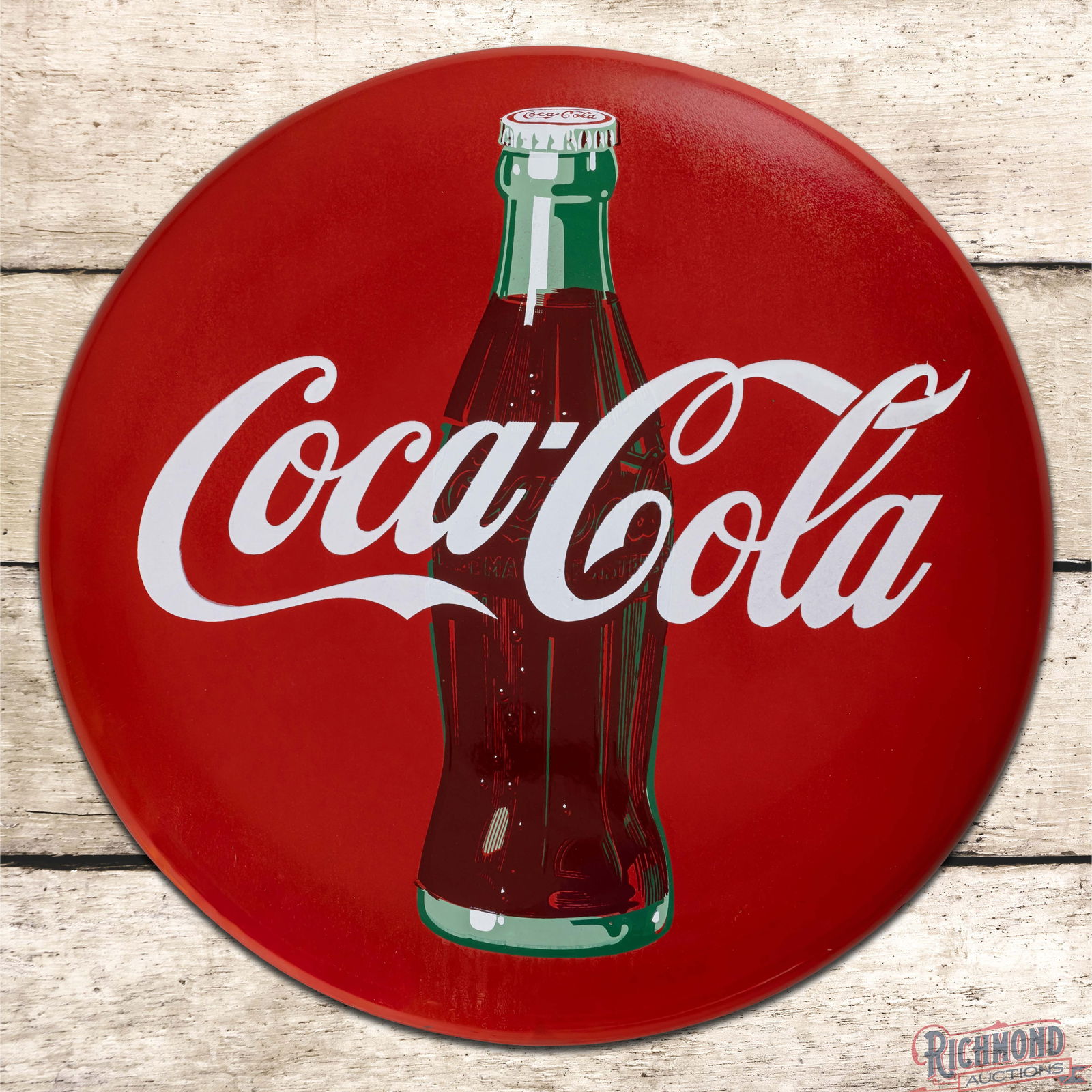 Coca Cola 24" Single Sided Porcelain Convex Button Sign w/ Bottle & Bracket: SSP (Single Sided Porcelain) Coke button sign with factory mounting bracket has very good color and gloss. The fields are clean with slight cloudiness to the red porcelain enamel. The perimeter has mi