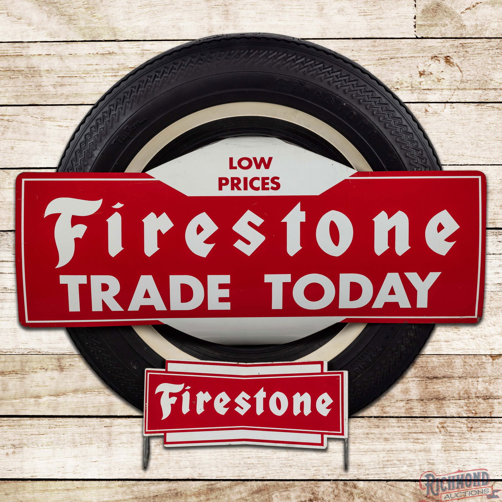 Firestone Tire Rack Advertising Display "Trade Today" w/ Signs Complete: Complete Firestone display includes a whitewall Firestone tire, DST (Double Sided Tin) tire rack and a DST (Double Sided Tin) tire insert. Side #1 is clean with light wear, minor fine scratches and be
