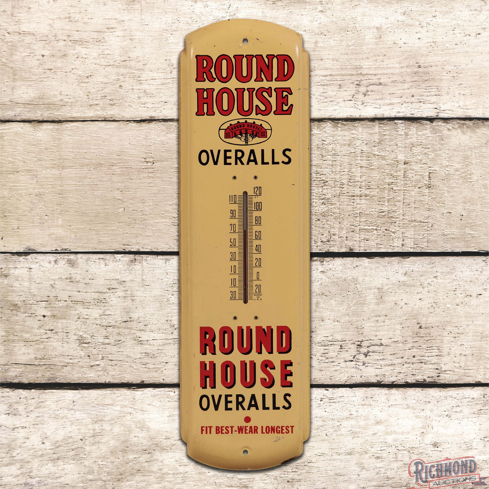 Round House Overalls Single Sided Tin Thermometer w/ Logo (1 of 3)