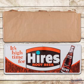 NOS Hires Root Beer "It's High Time for Hires" Emb. Single Sided Tin Sign w/ Bottle & Paper
