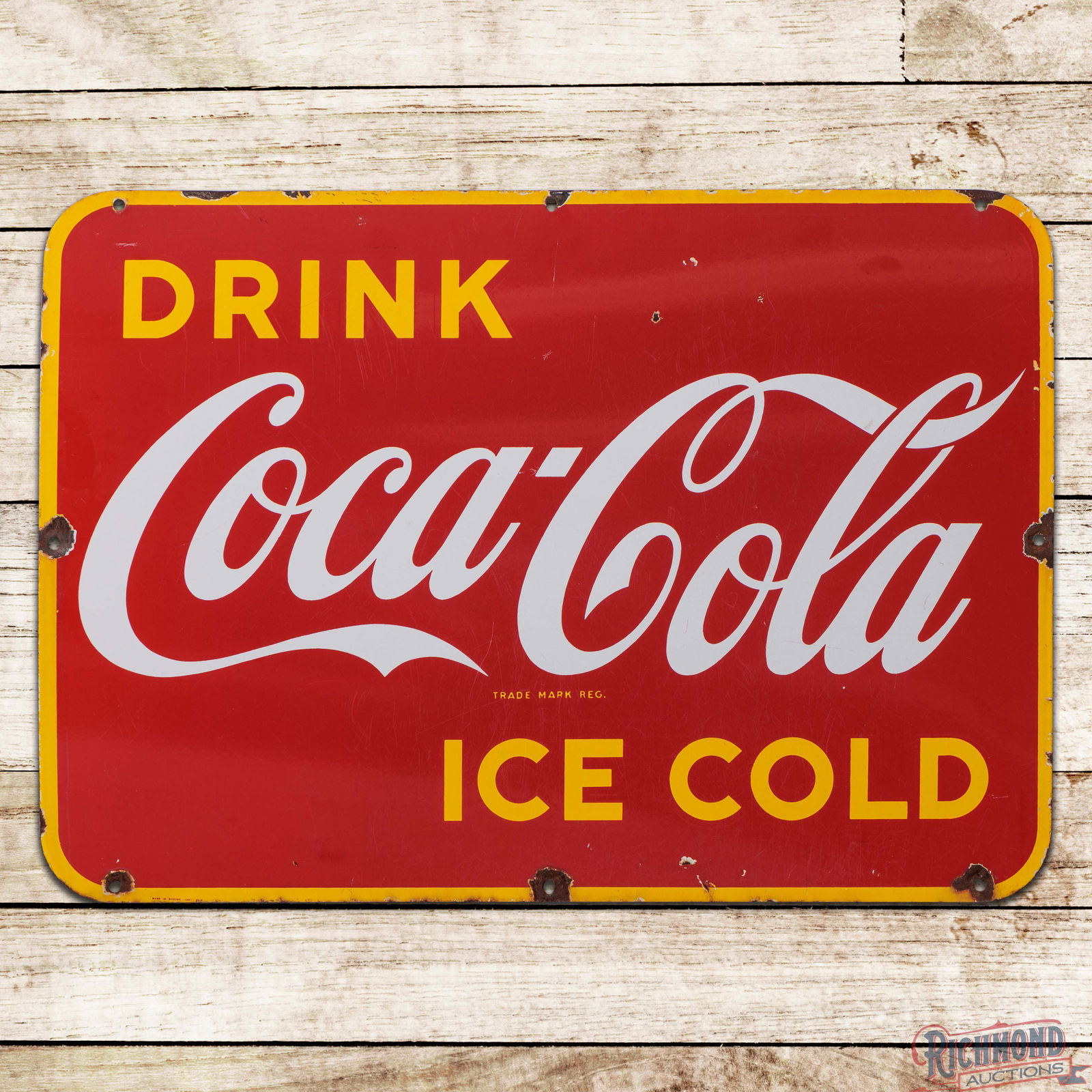 1951 Drink Coca Cola Ice Cold Single Sided Porcelain Sign: SSP (Single Sided Porcelain) Coke sign has very good color and gloss. The field has light wear with fine scratches and small chips in the outer fields. The perimeter has larger chips with minor crazin