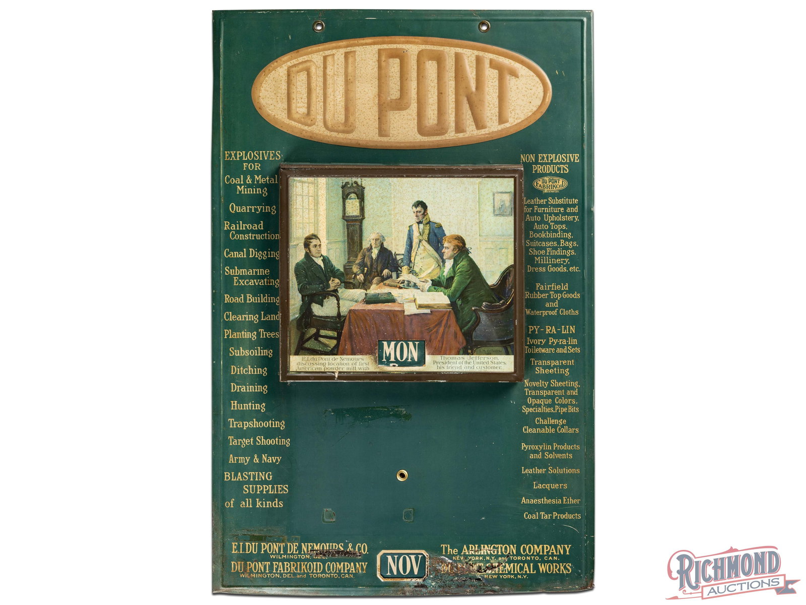 Dupont Explosives Chemical Company Perpetual SST Advertising Calendar Sign: SST embossed self-framed perpetual calendar sign has good color and shine. The field has areas of oxidation, light wear and bends on the lower left and right sides of the image. The calendar pad exhib