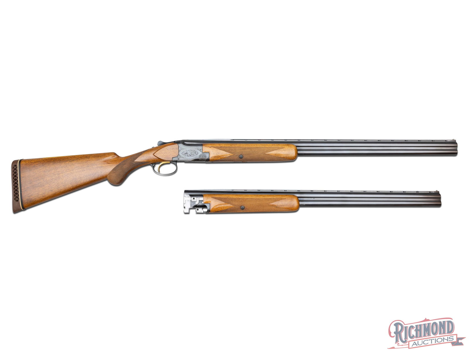 Belgian Browning Grade 1 Lightning 12 Gauge Over/Under Two Barrel Shotgun Set: Manufactured by Browning in Belgium in 1963. Two barrel set both serial numbered to the receiver. Features a 26-1/2" blued Special Steel ventilated rib barrels with a nickel bead front sight. Choke sy