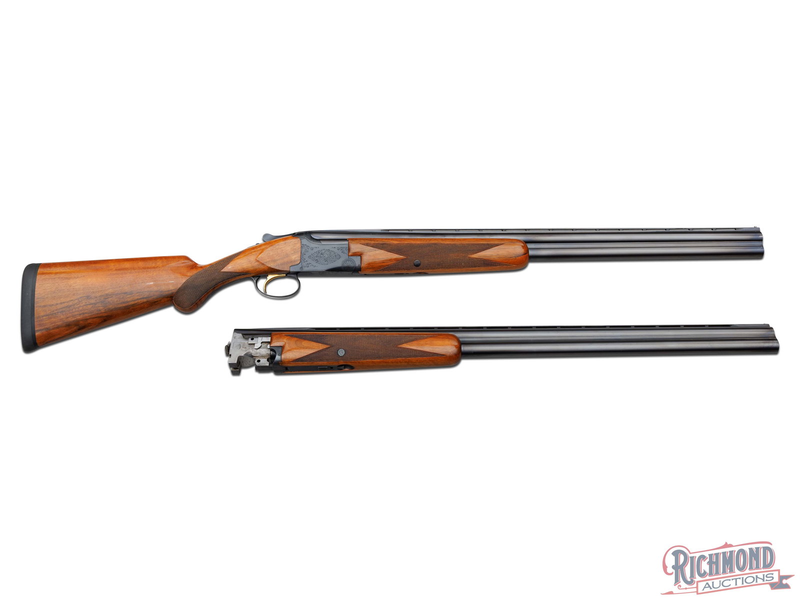 1956 Belgium Browning Superposed 12 GA Two Barrel Set Over/Under Shotgun 26-1/2" & 30": Manufactured by Browning in Belgium in 1956. Two barrel set, both with matching serial numbers to the receiver. First features a 26-1/2" blued Special Steel ventilated rib barrel with a nickel bead fr