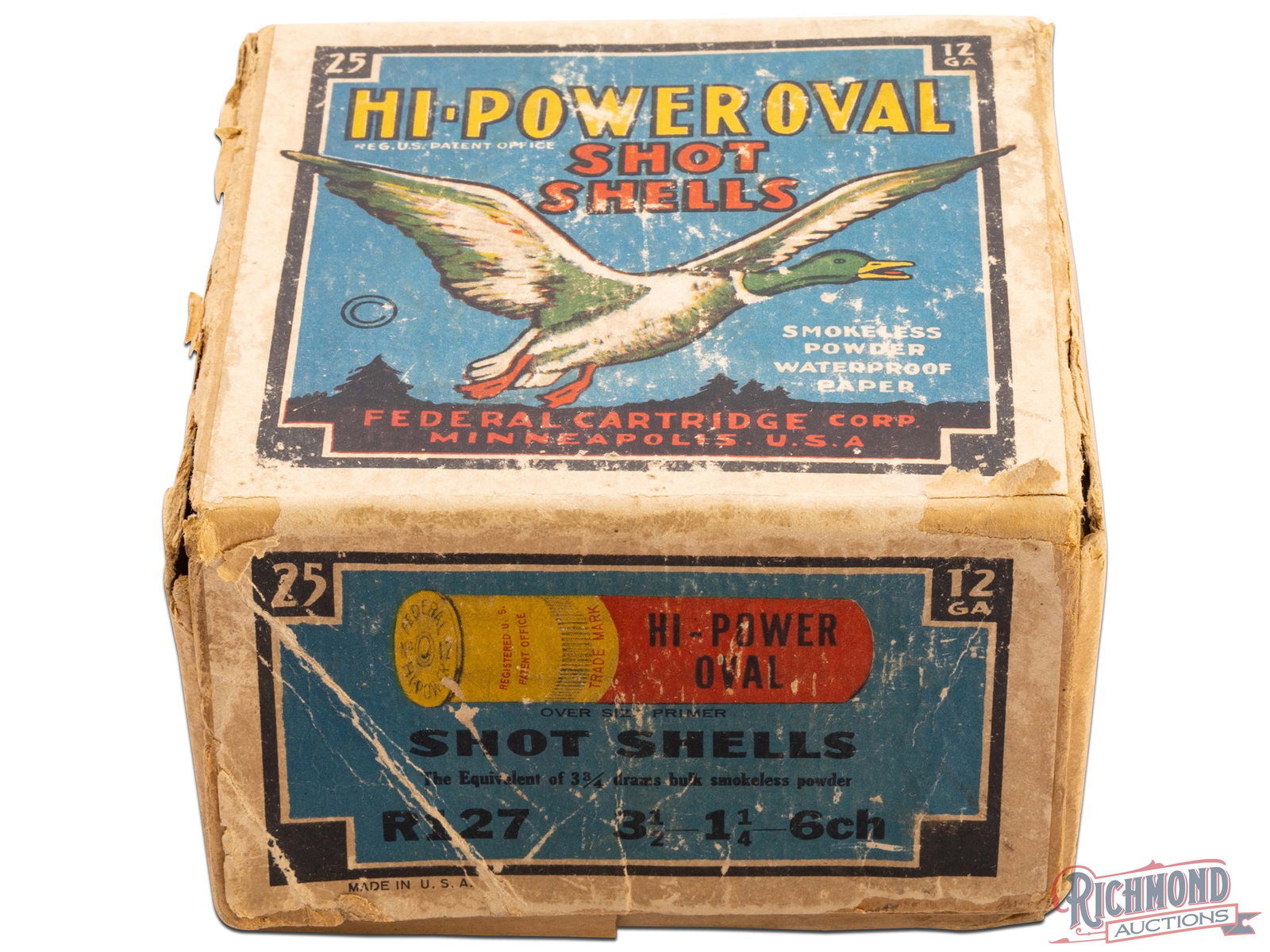Partial Box Of Federal 12 Gauge Hi-Power Oval Shot Shells Two Piece Box: This partial box has 8 of the 25 shells of 12 Gauge Hi-Power shells made by Federal Cartridge Corp. There are also 3 additional shells made by Peters and Winchester. The two piece box has a blue label