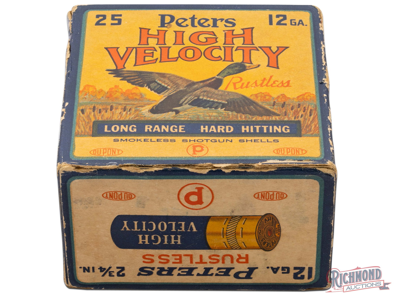 Full Box Of Peters 12 Gauge High Velocity Rustless Smokeless Shotgun Shells: This is a full box of 12 gauge High Velocity Shotgun Shells made by Peters Cartridge Division. The blue box has the image of a mallard duck on the front and the shell on the bottom and top. This one p