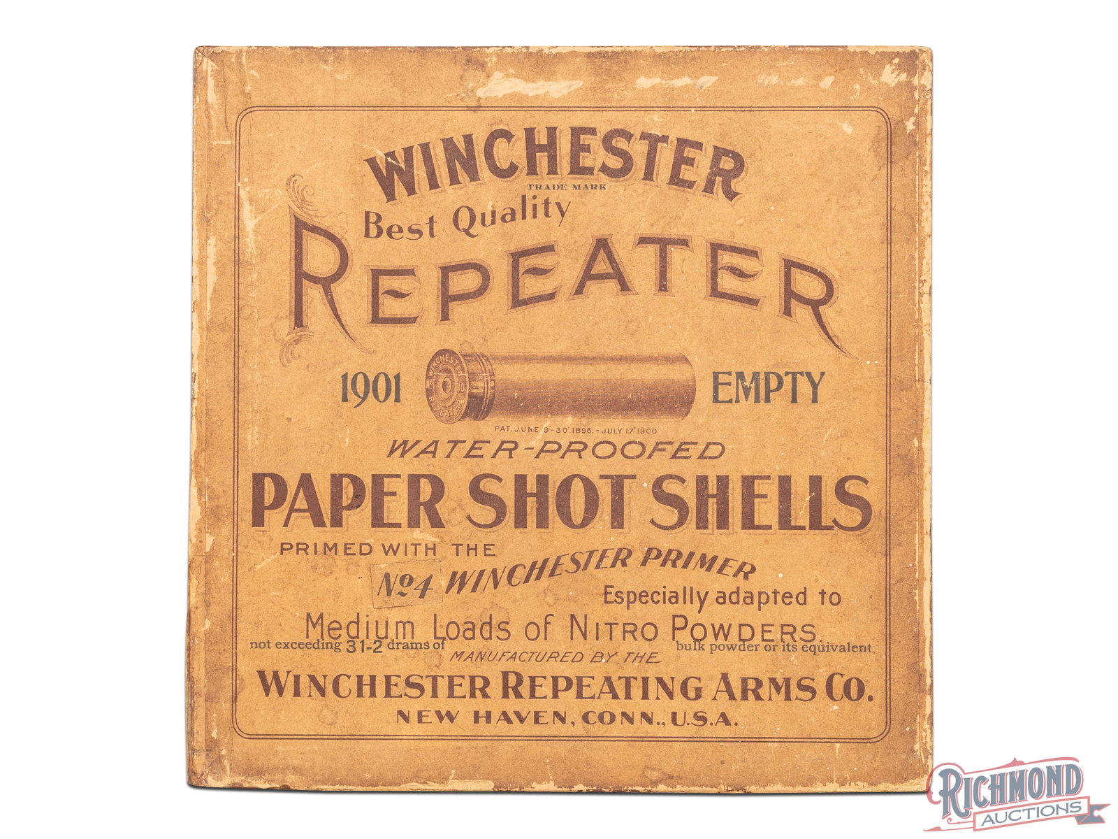 Full Box Of Winchester Repeater 10 Gauge Empty Paper Shot Shells 100 Count Box: This is a full 100 round box of 10 gauge empty paper shot shells made by Winchester Repeating Arms Co. The two piece box has brown print labels on the top, front, and back. The top label reads " Winch