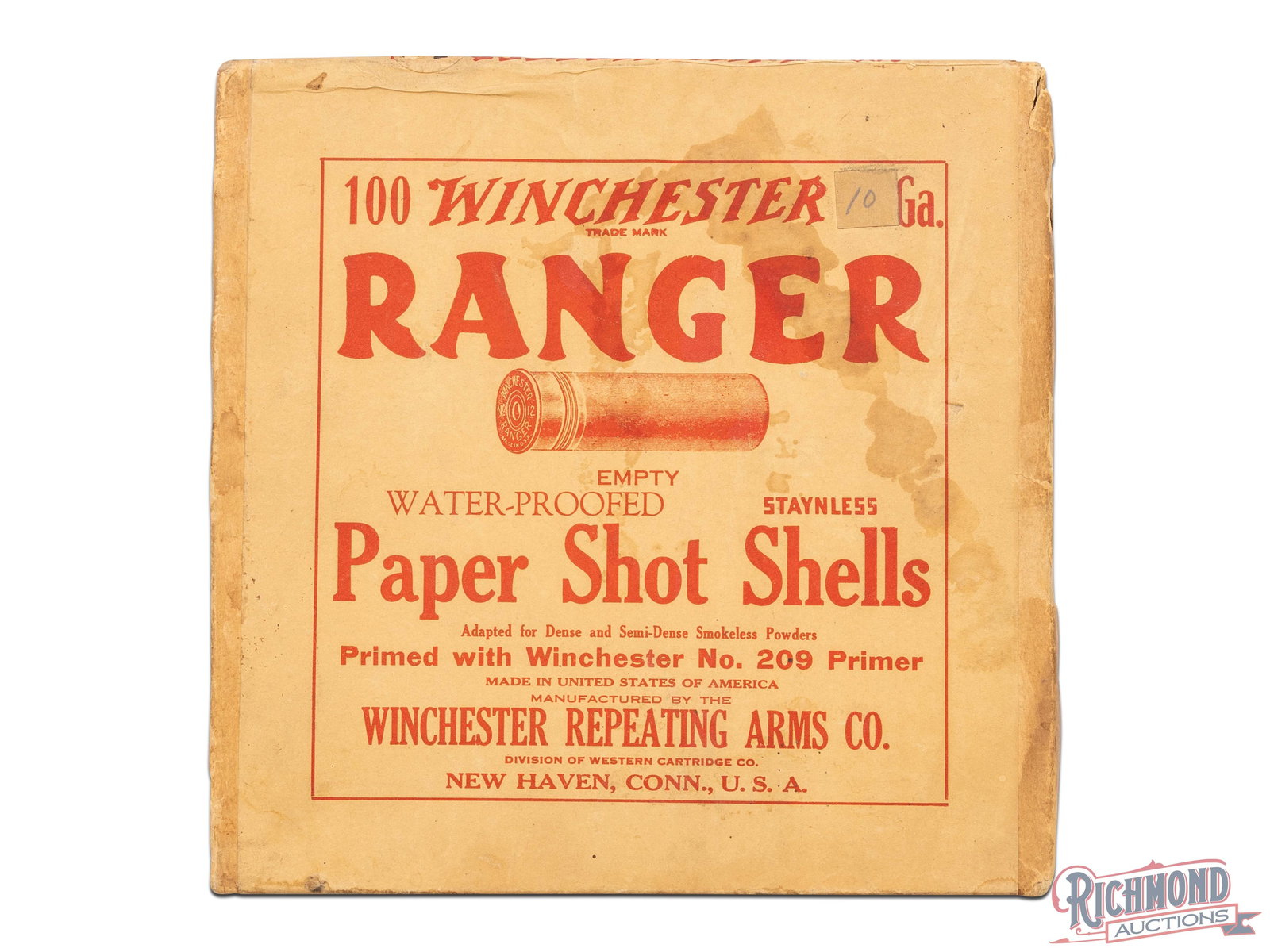 Partial Box Of Winchester Ranger 10 Gauge 2 7/8" Water-Proofed Paper Shot Staynless 100 Round Box: This is a partial box with 90 of 100 10 gauge empty paper shells made by Winchester Repeating Arms Co. This two piece box has a label with red print and an image of the shell on the top. Top label sta