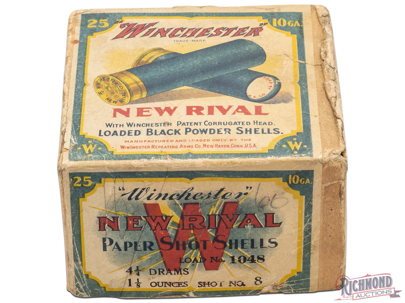 Winchester New Rival 10 Gauge Loaded Black Powder Shells Collectors Box: This is an empty two piece box of 10 gauge Winchester New Rival shotgun shells. Logo includes the Devil's Tail in "Winchester" along with 4 dots by the W's, indicating Winchester products can be purch