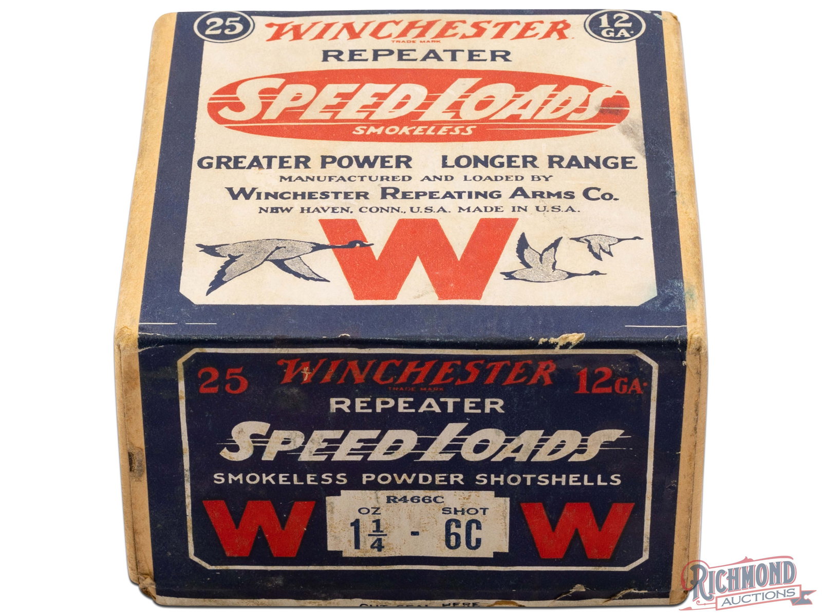 Sealed Box of Winchester Repeater Speed Loads 12 Gauge Shotgun Shells: This is a factory sealed box of 12 Gauge Repeater Speed Loads made By Winchester Repeating Arms Co. This two piece box has a red, white, and blue label that wraps around the box and shows the red "W"