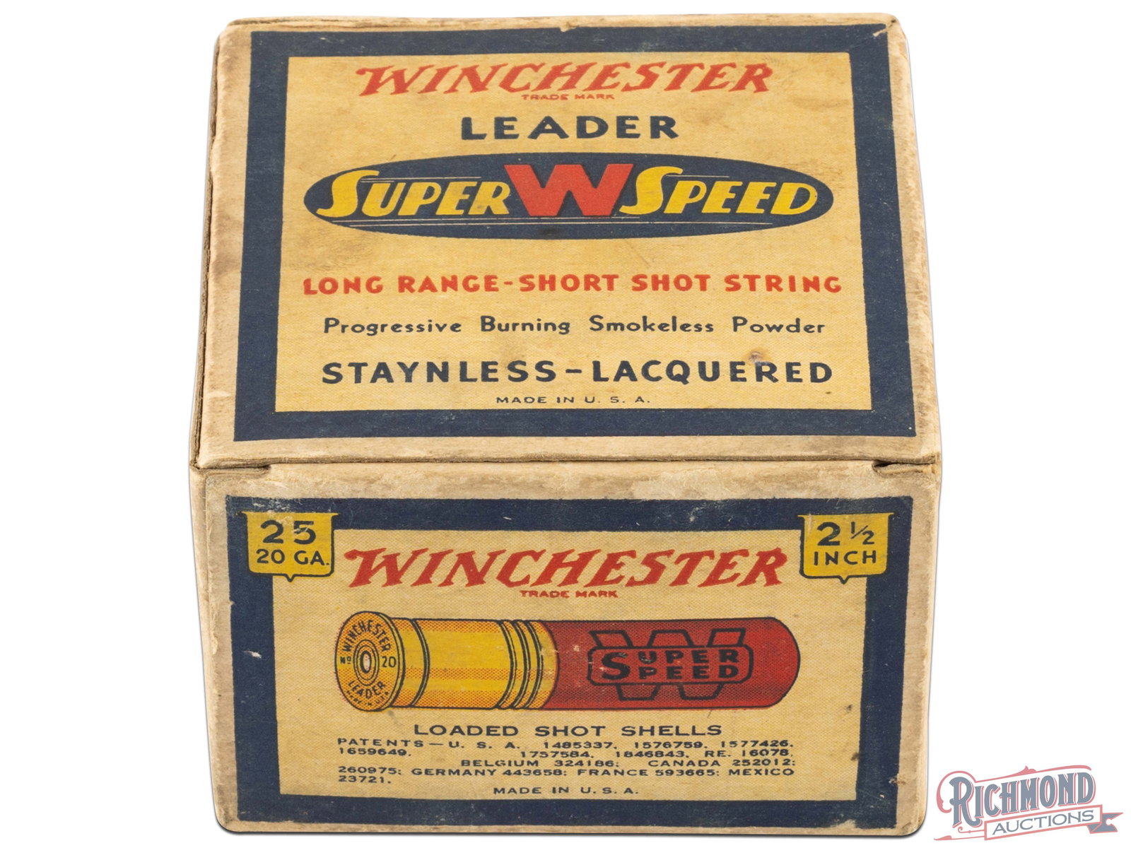 Partial Box Of Winchester Leader 20 Gauge Staynless Lacquered Shot Shells: This box contains 10 of 25 20 gauge 2 1/2" shells made by Winchester Repeating Arms Co. Produced circa 1935-1938. The box has blue and white printed label on each side and flaps. Front of the box read