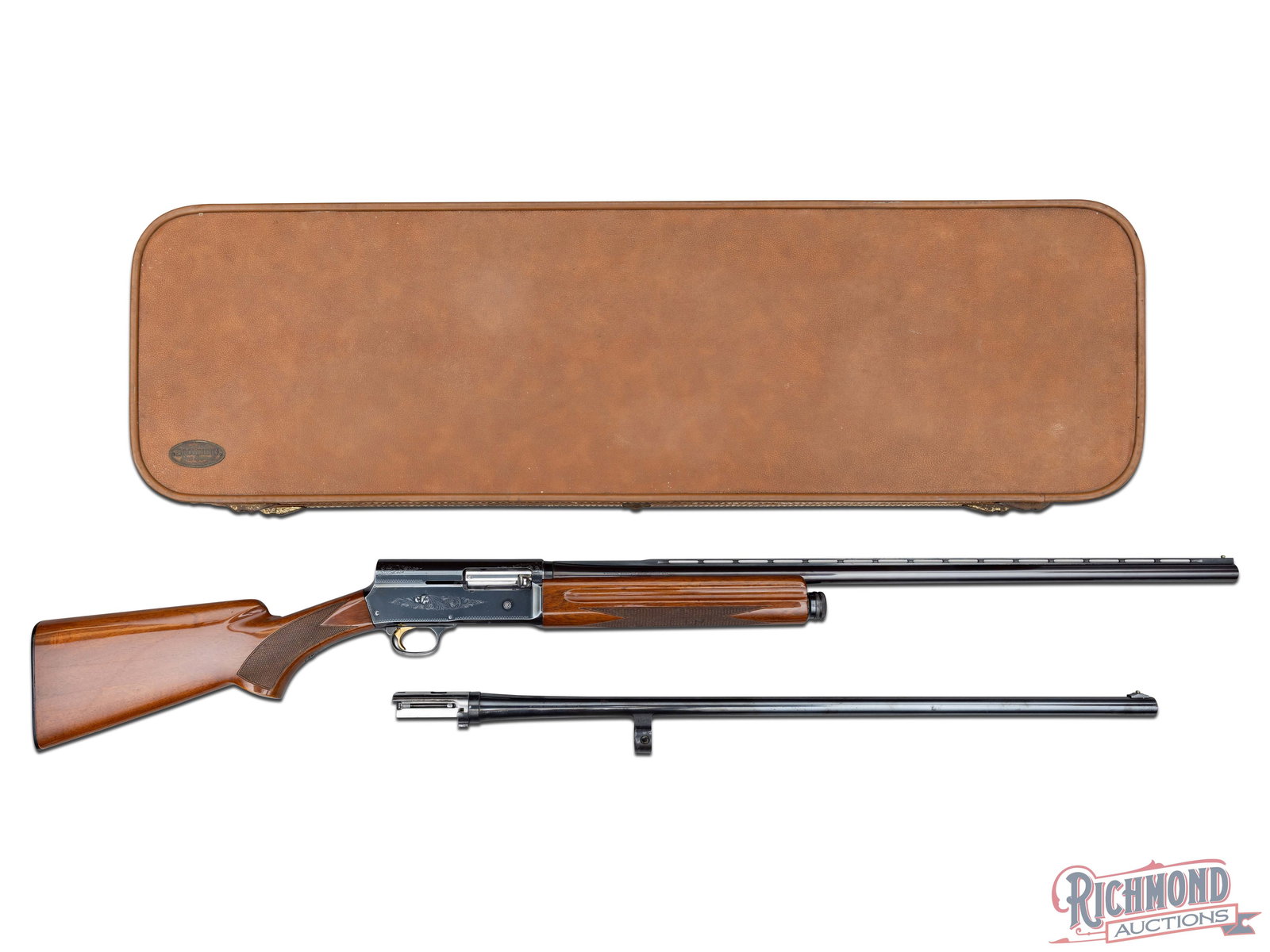 1969 Cased Belgian Browning A-5 Magnum Twenty Semi-Auto Shotgun Two Barrel Set: Manufactured in Belgium for Browning in 1969. This shotgun includes two factory barrels. First barrel features a 28" blued Special Steel ventilated rib barrel with nickel bead front sight. Chambered f