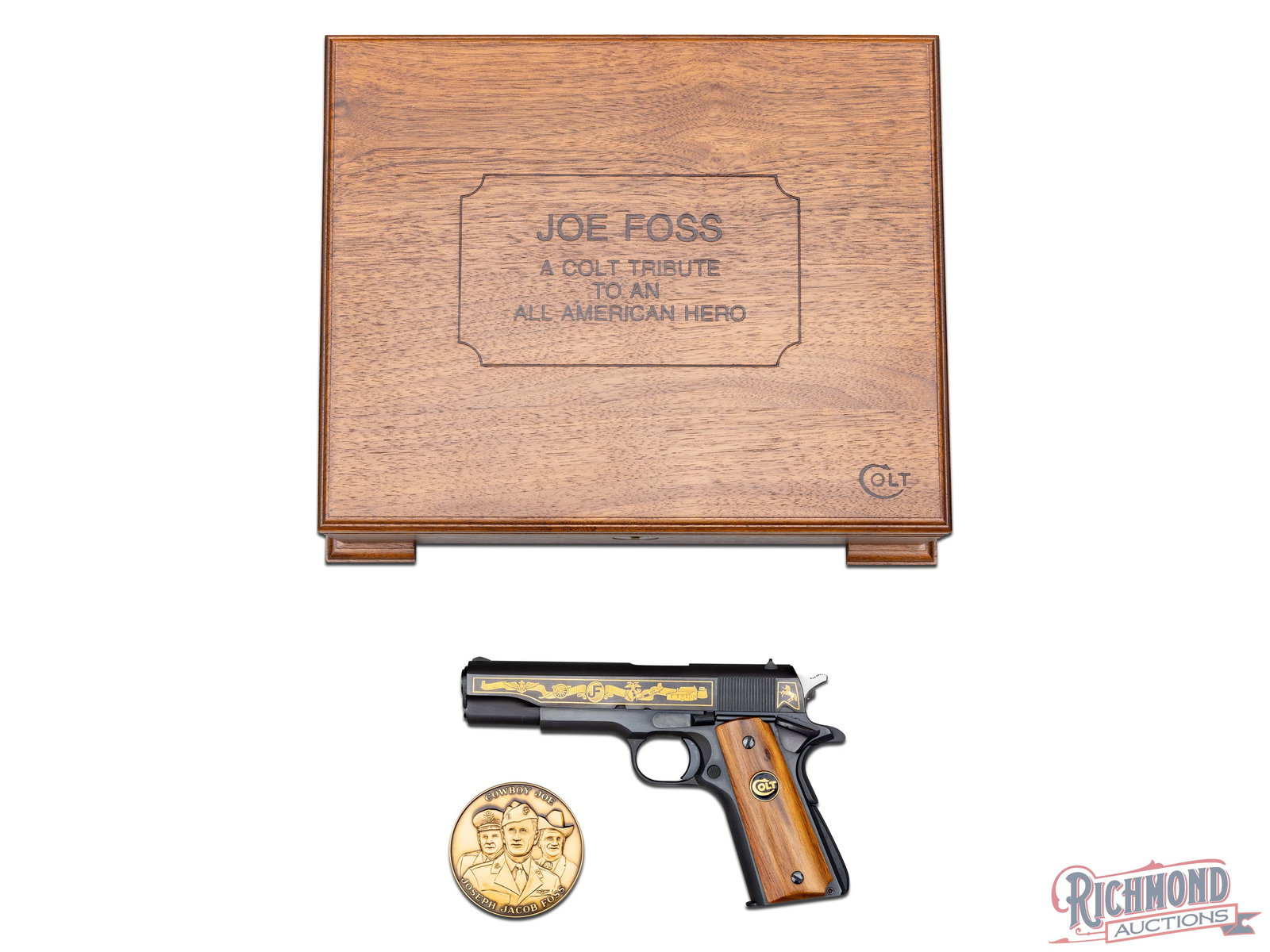 Documented Signed Joe Foss' Colt Custom 1911 Commemorative .45 ACP Semi-Auto Pistol w/ Display Case: Manufactured by Colt Custom Shop in 1990 as a commemorative to Joe Foss, an All American Hero and presented to Joe himself. This pistol includes a Letter of Provenience from Colt manufacturing and is