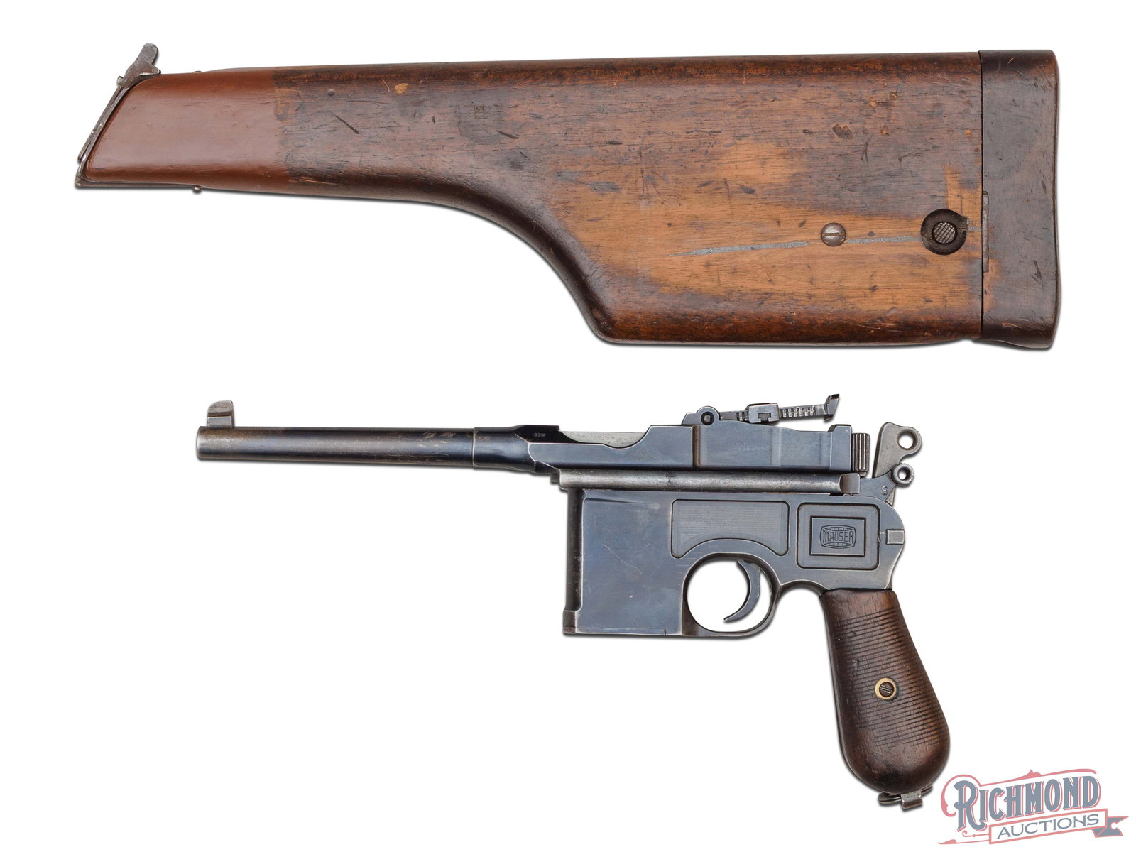 Waffenfabrik Mauser C96 Broomhandle 7.63x25mm Semi-Automatic Pistol With Stock: Made by Mauser at the Waffenfabrik factory for use by German Troops as an alternative to the PO8 Luger. Chambered for the 7.63 Mauser round. This pistol features a blued 5-1/2" round steel barrel with