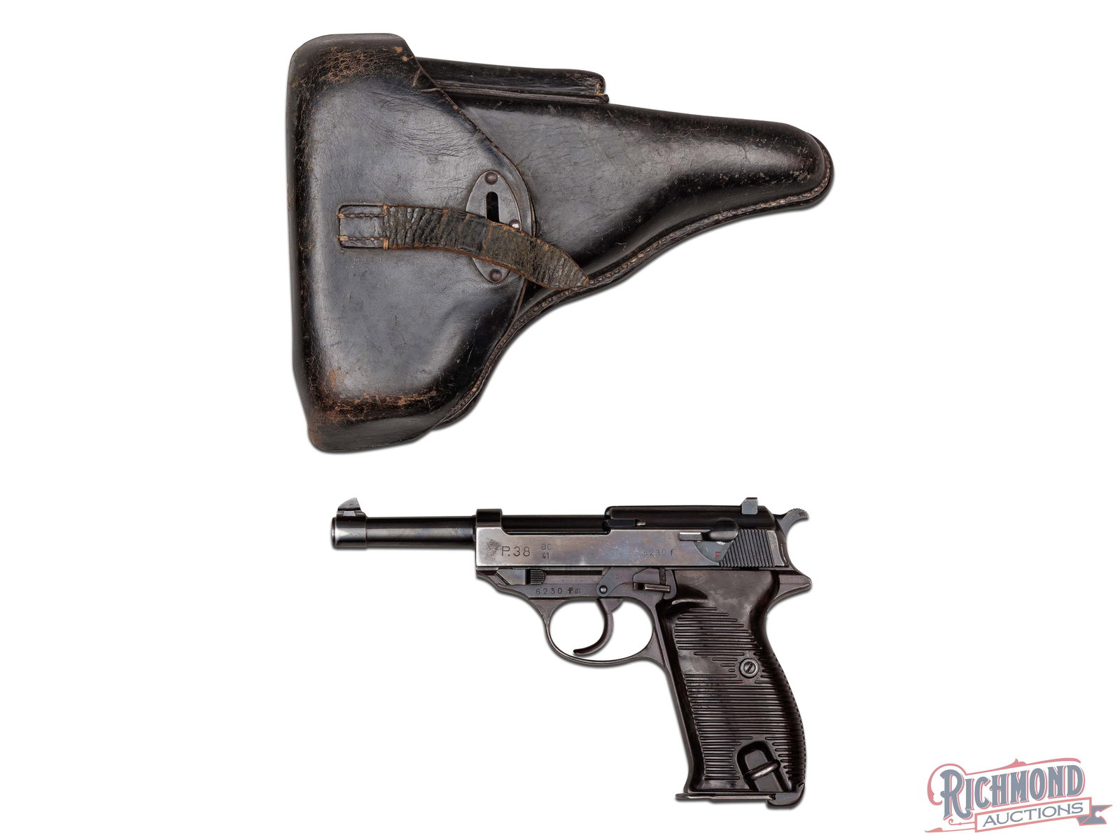 1941 Walther P38 German Stamped 9mm Semi-Auto Pistol With German Holster: Manufactured by Walther in Germany, stamped with "AC 41" which dates to a 1941 production. Slide, frame, and front below the barrel have matching serial numbers (6230f). Features a 4.9" exposed barrel