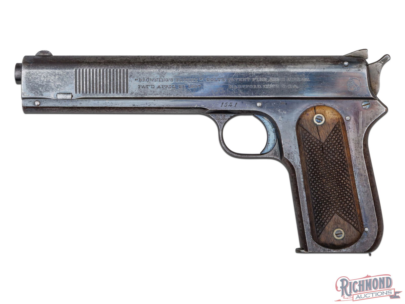 Factory Lettered Rare US Government Colt 1900 .38 ACP Semi-Auto Pistol: The first automatic pistol model manufactured by Colt PTFA Mfg Co in 1900. Factory letter states this pistol was sold to the United States Government and shipped to Springfield Armory on December 28,