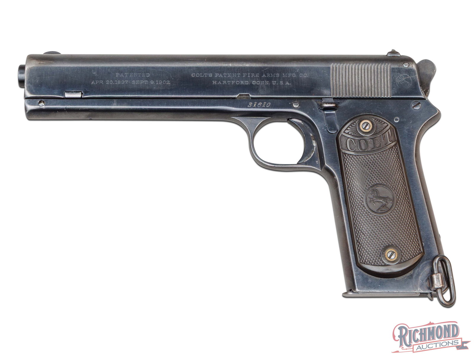1914 Colt Model 1902 Military .38 ACP Semi-Auto Pistol: Manufactured by Colt PTFA Mfg in Hartford, Conn in 1914. Features a 6" barrel with dovetailed rear notch sight and halfmoon front blade. Left side of the slide is stamped with two separated patent and