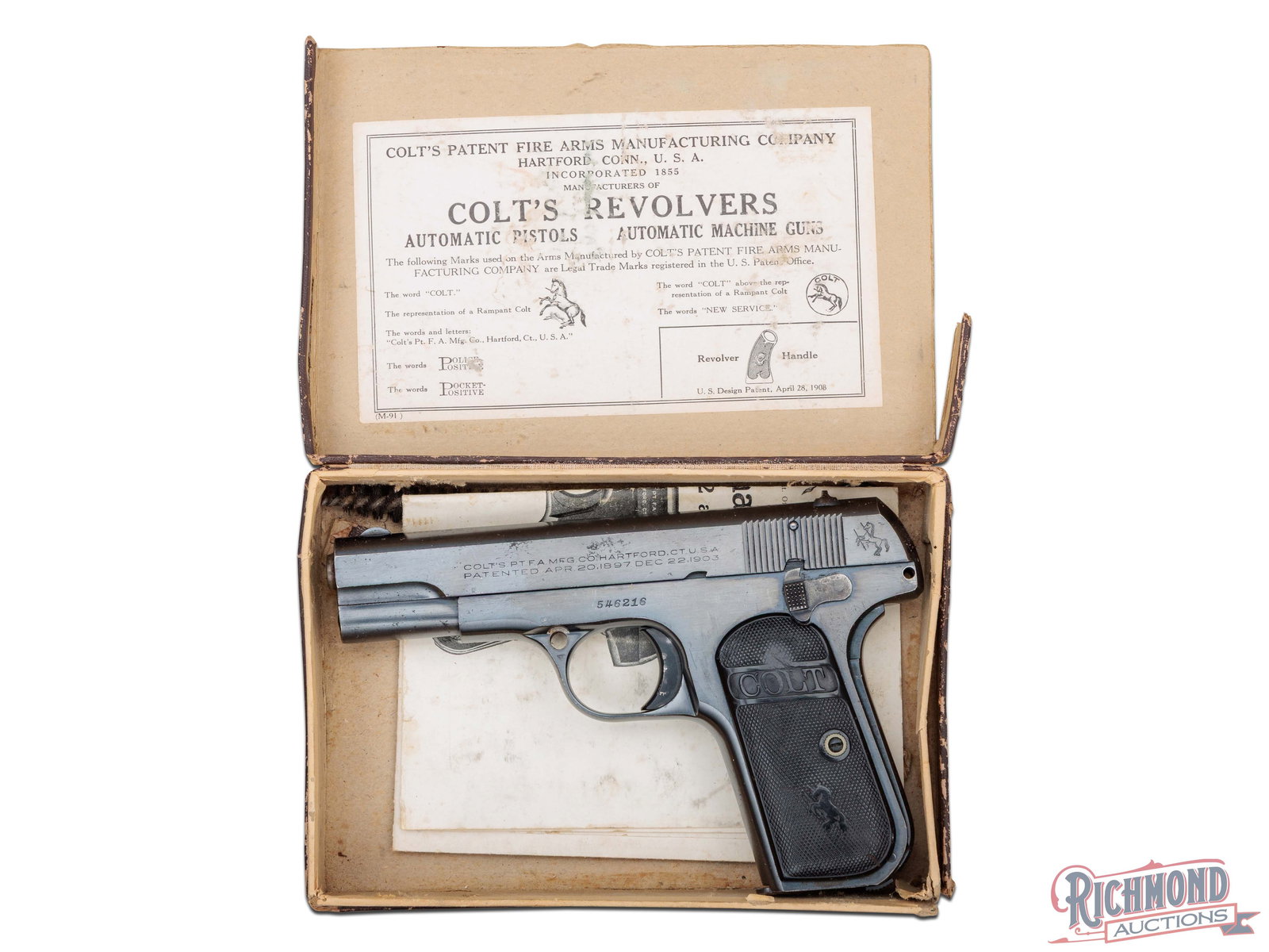WWII Lend Lease Colt M1903 .32 ACP Semi-Auto Pistol in Factory Box: Manufactured in 1941 by Colt PTFA Mfg that was part of the Lend-Lease Act during World War II, allowing the U.S. to supply small arms to allied nations. This pistol features British Birmingham BNP pro