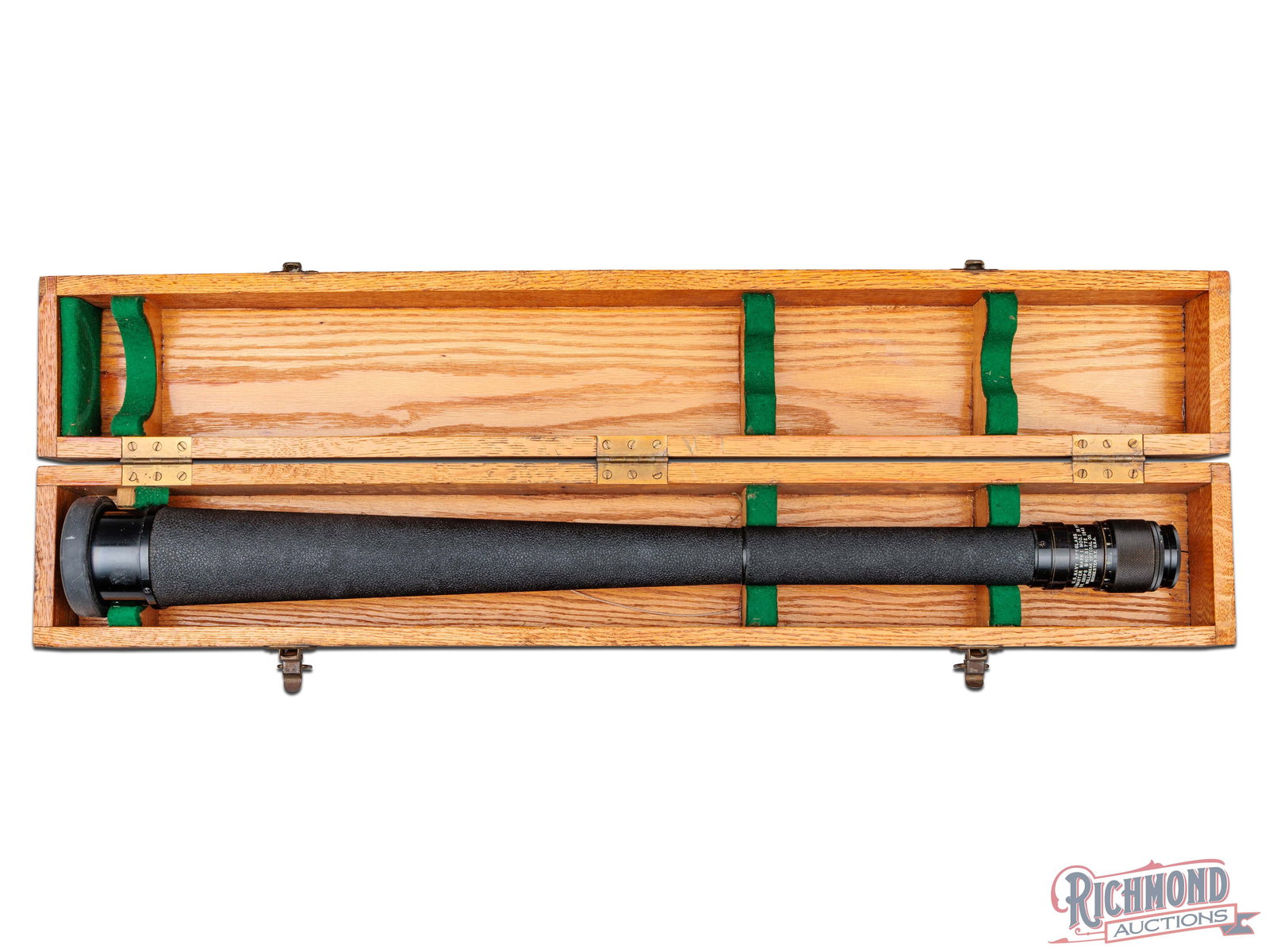 U S Navy Quartermaster Mark 1 Model 1 16 Power Spyglass With Wooden Case: This is a U. S. Navy Spyglass made by Wollensak Optical Company in Rochester, NY. The spyglass is 30 3/4" long with a black textured grip on the outside and rubber protector on the end over the lens.