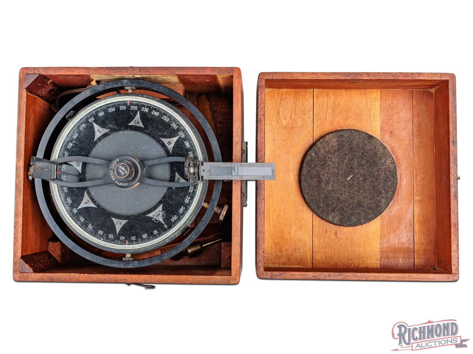 WW2 Era US Navy Standard Pelorus 7 1/2" Illuminated Dial With Wooden Storage Box: This pelorus was made by Kelvin & Wilfrid O White Co. in Boston, Mass. This navigation tool features folding sighting vanes above a 7 1/2" illuminated dial and brass cover. The light still uses the or