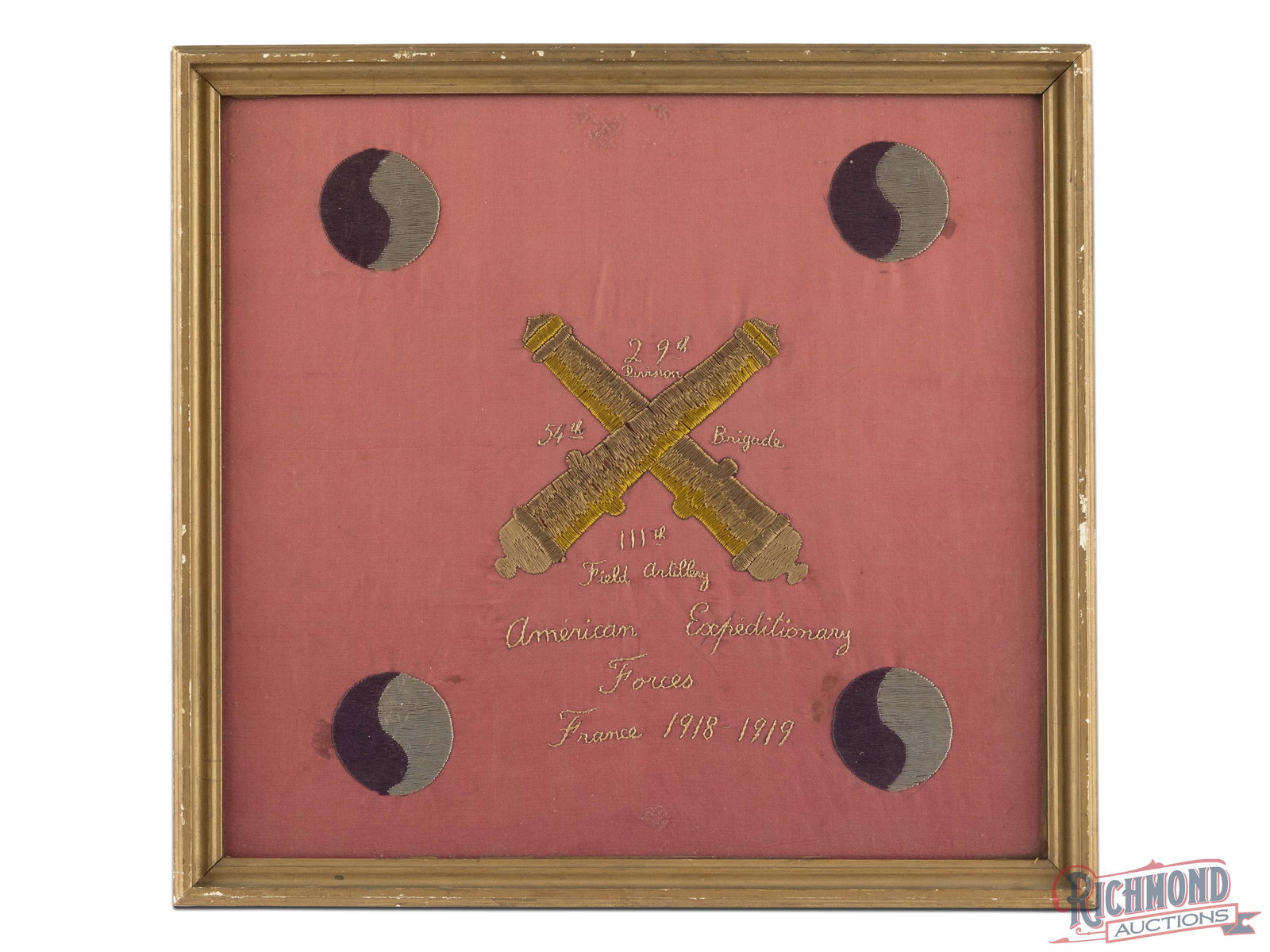 Framed Hand Sewn 29th Infantry 54 Brigade 111th Field Artillery Banner Honoring Service In WW1: Framed Homespun banner honoring the 29th Division, 54th Brigade, 111th Field Artillery Unit for service in World War 1. The 29th saw action in the 1918 Meuse-Argonne Offensive. Banner has "Blue and Gr