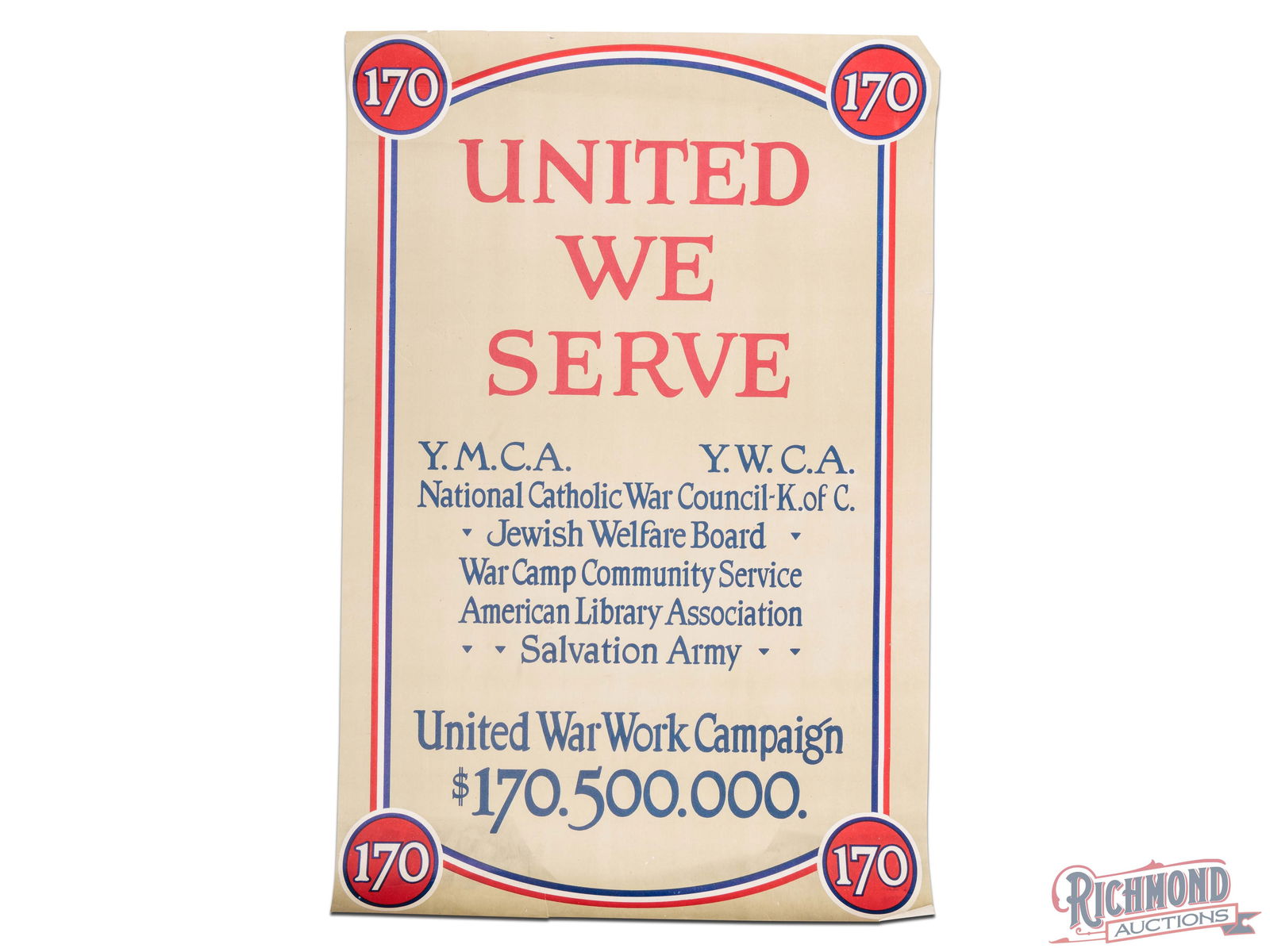 YMCA United We Serve World War 1 Advertising Poster: YMCA World War 1 advertising poster has very good color. The fields exhibit light wear with minor discoloration. The perimeter has a few edge ends with minor closed tears and discoloration along the l