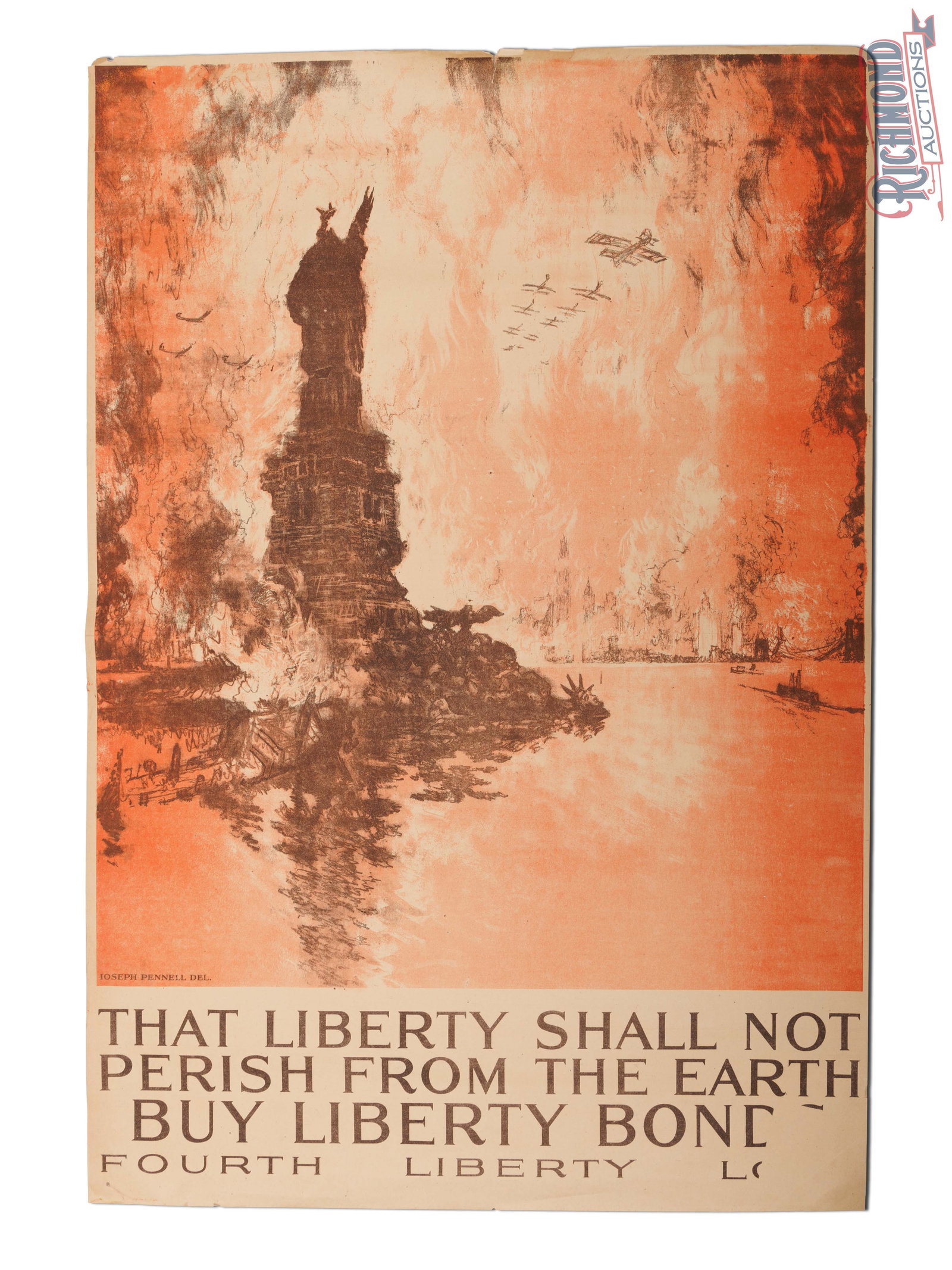 Buy Liberty Bonds WW1 Advertising Poster w/ Statue of Liberty: Single sided advertising poster has very good color. The field has folds marks with light wear. The perimeter has small edge tears with minor loss and a factory imperfection on the lower right corner.