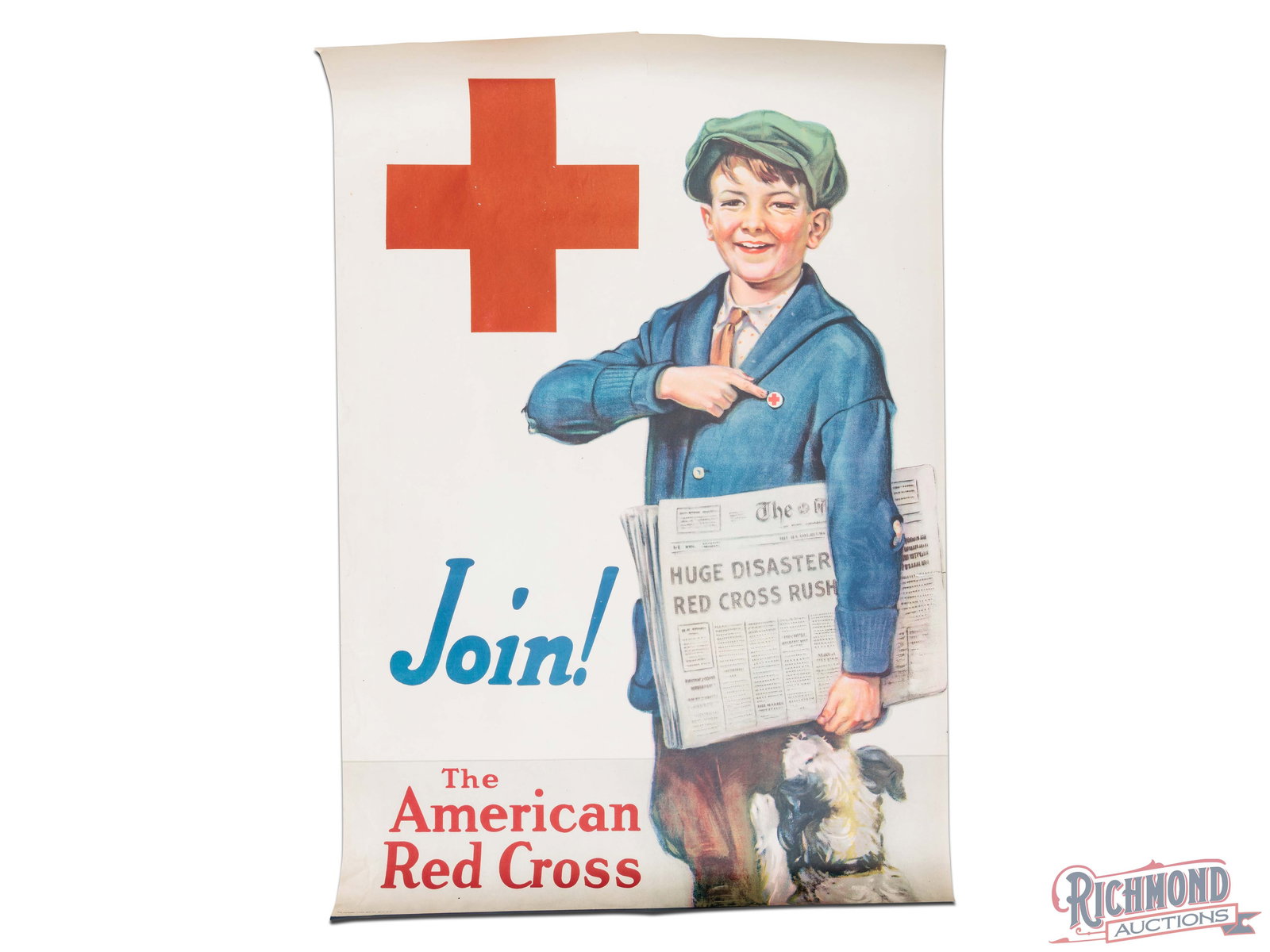 Join the American Red Cross World War 1 Advertising Poster w/ Paper Boy: American Red Cross advertising poster has excellent color. The field is clean with minor surface imperfections. The perimeter has minor toning with small edge bends and a closed tear on the upper and