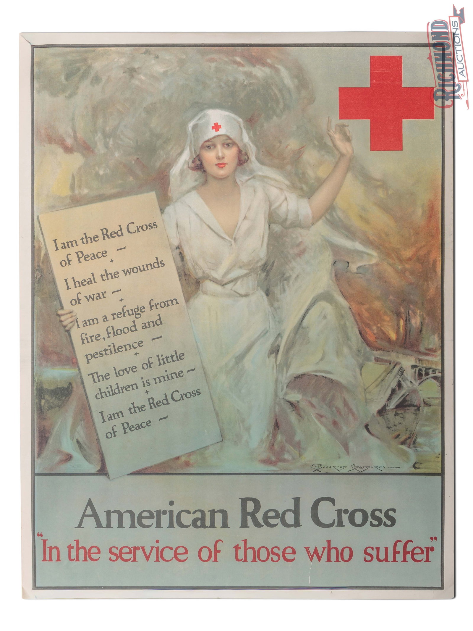 Early American Red Cross Advertising Poster w/ Nurse: Single sided advertising poster has outstanding color. The field is very clean and features a wonderful image of a Red Cross nurse. The perimeter has light wear with small edge tears and a larger tear