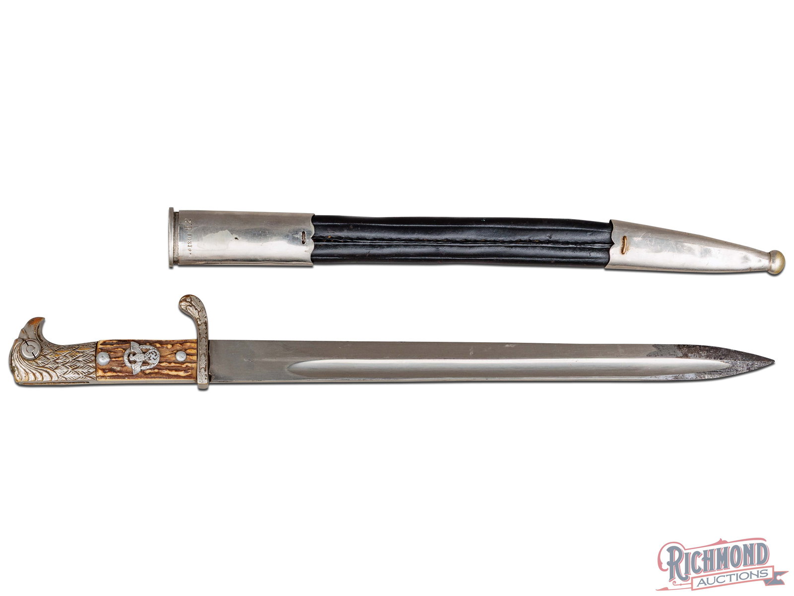 German Police Bayonet Made By E. Pack & Sohne With Scabbard: This bayonet was made for the German police by E. Pack & Sohne in Solingen. The bayonet has a 13" single edge blade and measures 17 1/2" overall length. The blade has the maker's mark at the base and