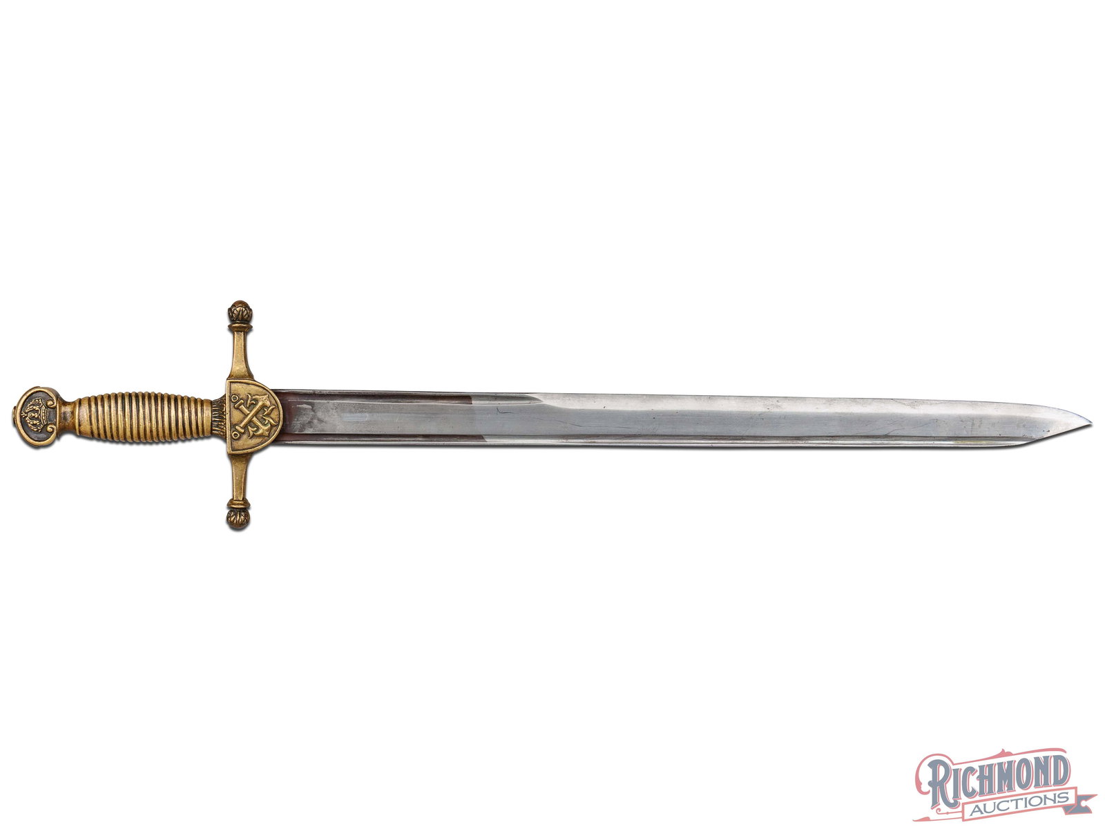 Marine Machete Short Sword Possibly Spanish: This sword has a 16 3/4" blade and is 21 3/4" overall. The blade is has an edge on the upper half of one side and is dated 1864 at the base of the blade. The brass hilt has a half circle langet with t