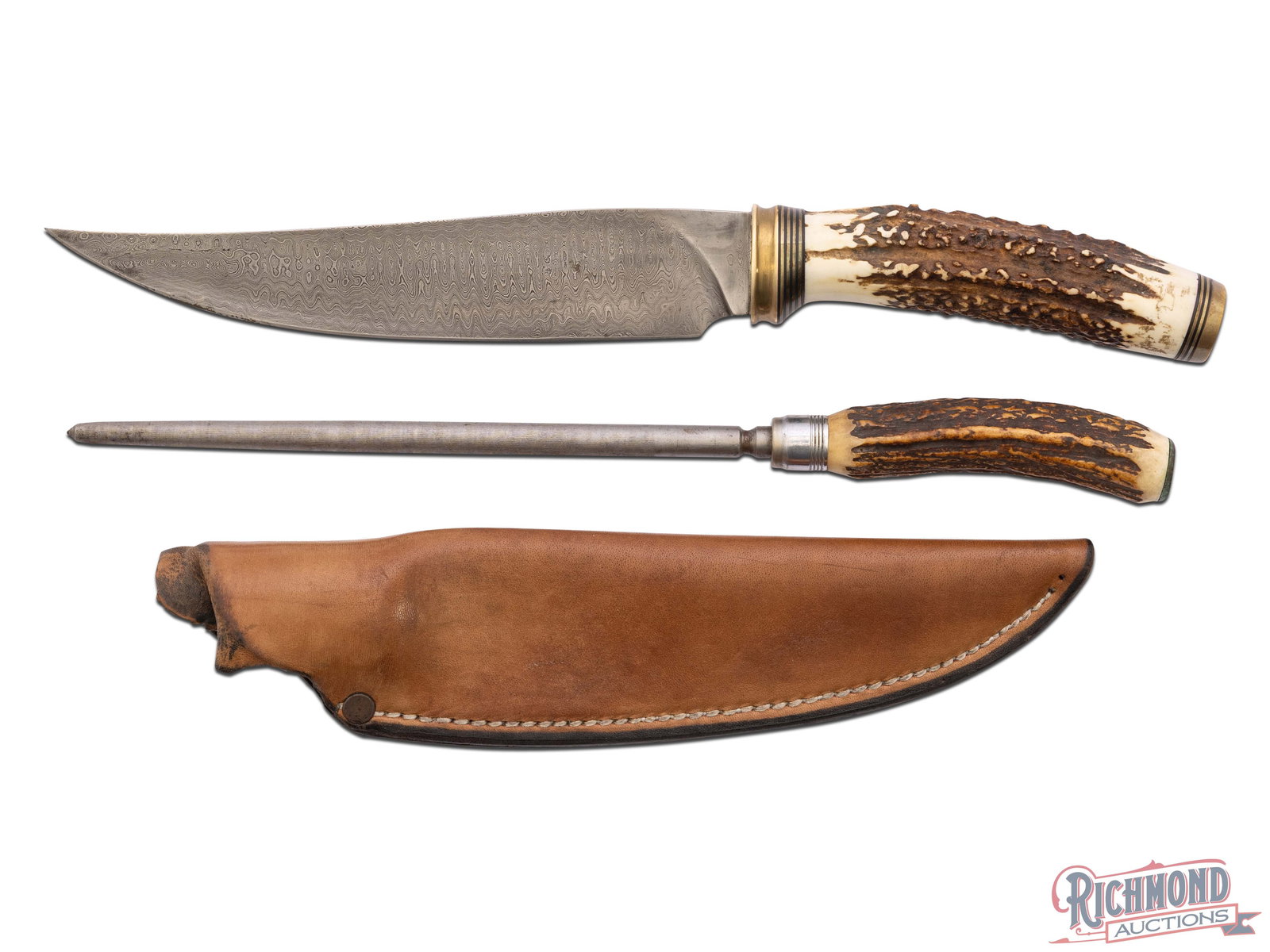 Ed de Pauw Holland Custom Made Damascus 8" Fixed Blade Knife With Stag Handle, Sharpener & Sheath: Custom made hunting style knife by Ed de Pauw of Holland. Features an 8" trailing point Damascus blade. Right side is stamped "ED de PAUW / HOLLAND". Brass concave oval hilt with a beautiful stag hand