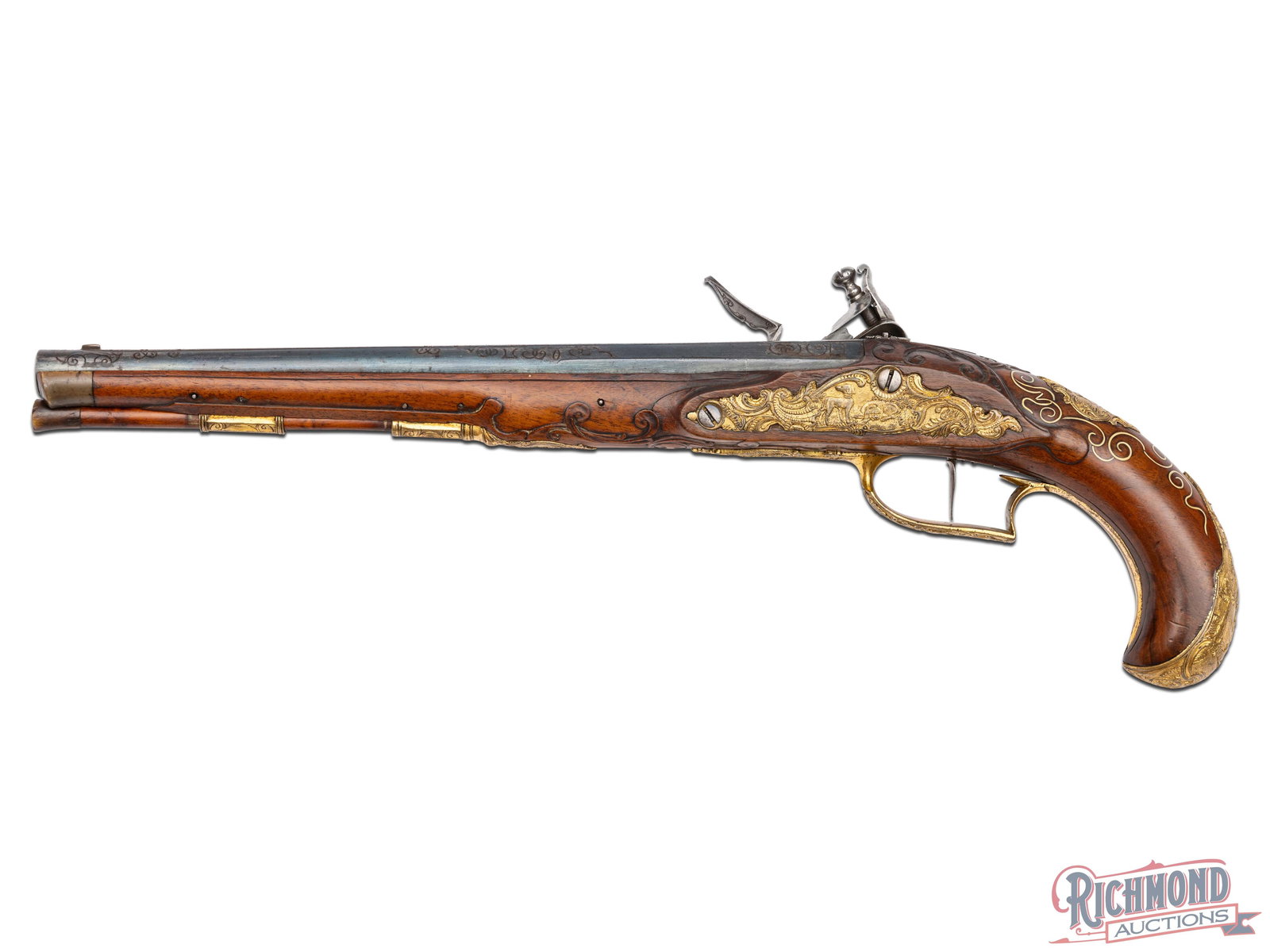 Exquisite Johann Andreas Kuchenreuter Flintlock Pistol: Made by Johann Andreas Kuchereuter in Regensburg, Germany circa 1750. Johann was a member of the famous Kuchenreuter Gunsmith Family who made guns for European royalty and whose surviving examples are