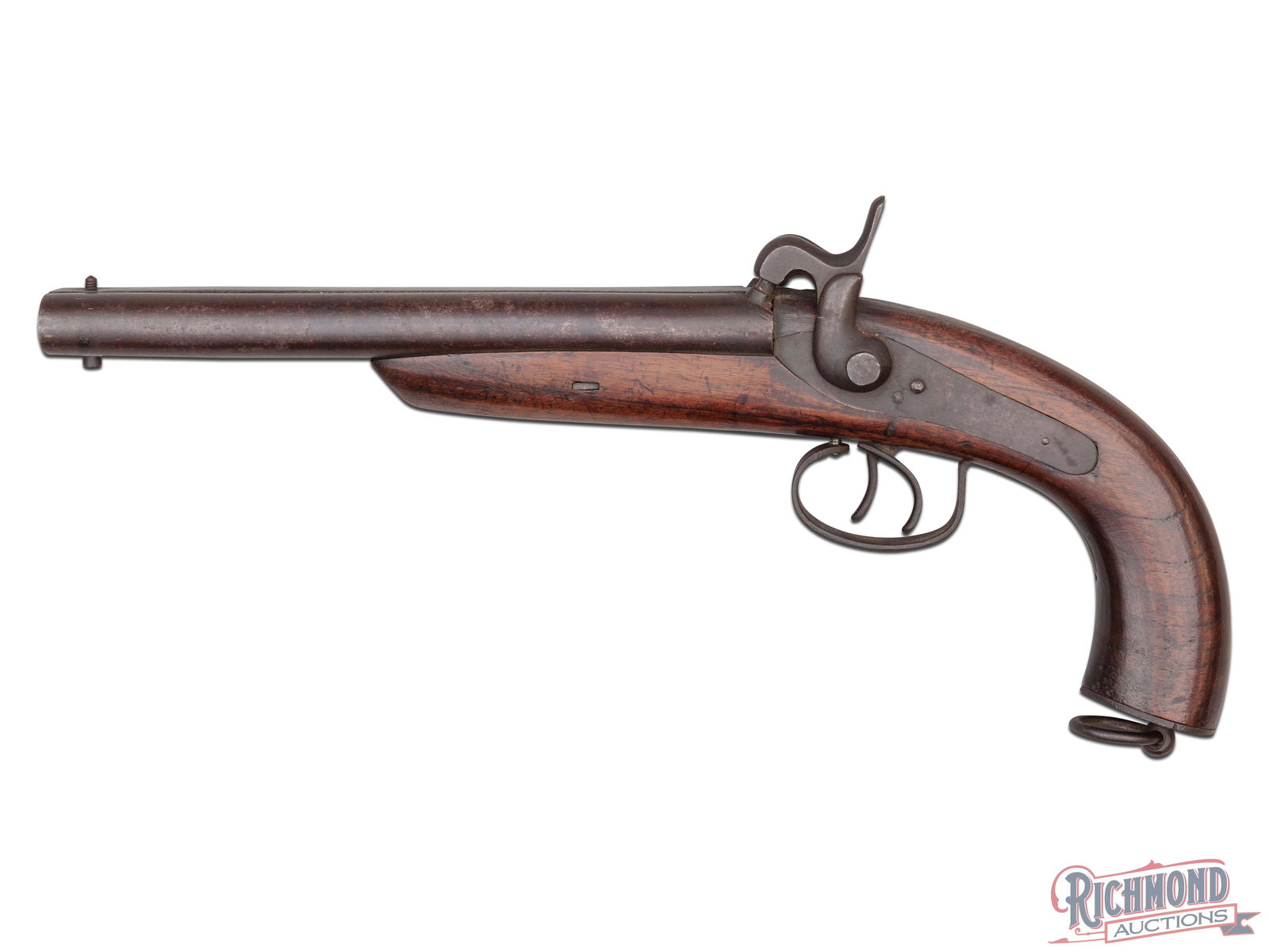 Percussion 54 Caliber Side By Side Howdah Pistol: Unmarked and of unknown origin this pistol was made circa 1860 as a side by side .54 caliber percussion pistol known as a "Howdah" pistol. These large caliber pistols were used in India and Africa as