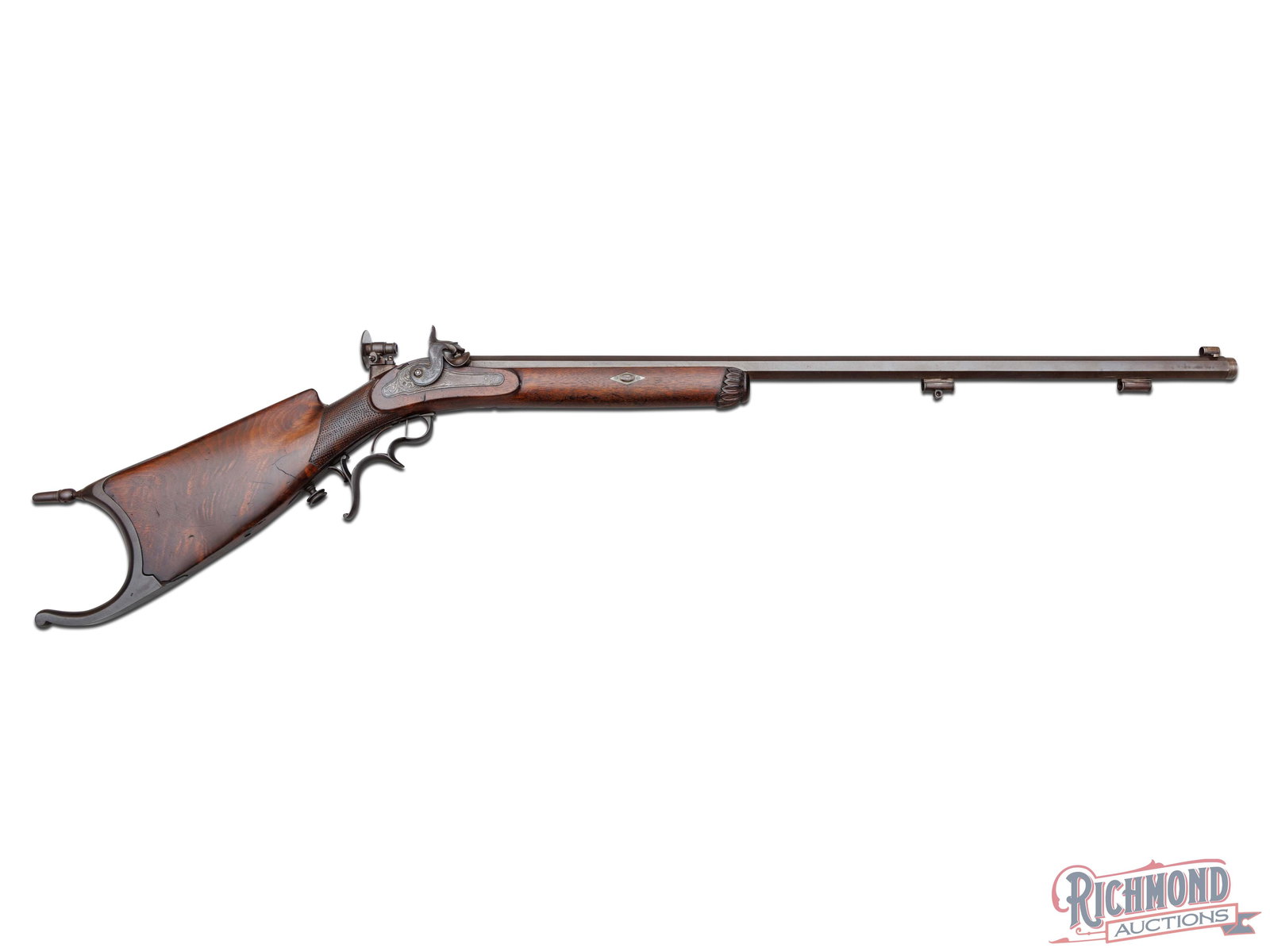 New York Percussion Schuetzen Half Stock 44 Caliber Rifle by Zettler: New York Schuetzen percussion rifle made circa 1880 and by "Zettler" with name on barrel. Zettler Brothers owned a gun shop in New York City from 1870 to 1900. Rifle measures 52" overall with .44 cali