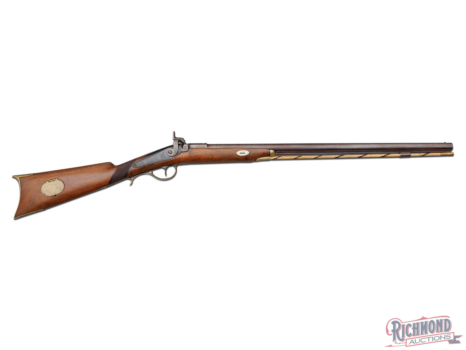 New York Percussion Half Stock 54 Caliber Smoothbore Rifle Stamped W. Huson, New York: New York percussion rifle made circa 1850 and stamped "W. HUSON, NY" on barrel. Rifle measures 42-1/2"" overall with .54 caliber faceted breech round smoothbore 26-1/4" barrel with missing rear sight