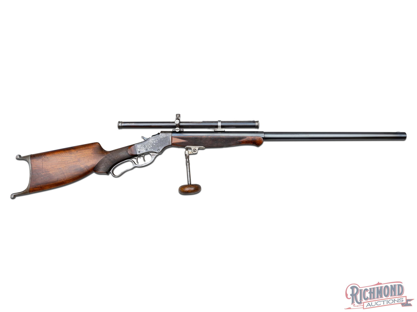 Scoped Stevens Engraved No. 49 Schuetzen Single Shot Rifle in 22 Long Rifle Caliber: Made circa 1910 by J. Stevens Arms and Tool Company. Gun has blued 27-1/2" matching 1/2 octagon No. 1 weight steel barrel with Stevens Address and is chambered for 22 Long Rifle Caliber. Barrel has pl