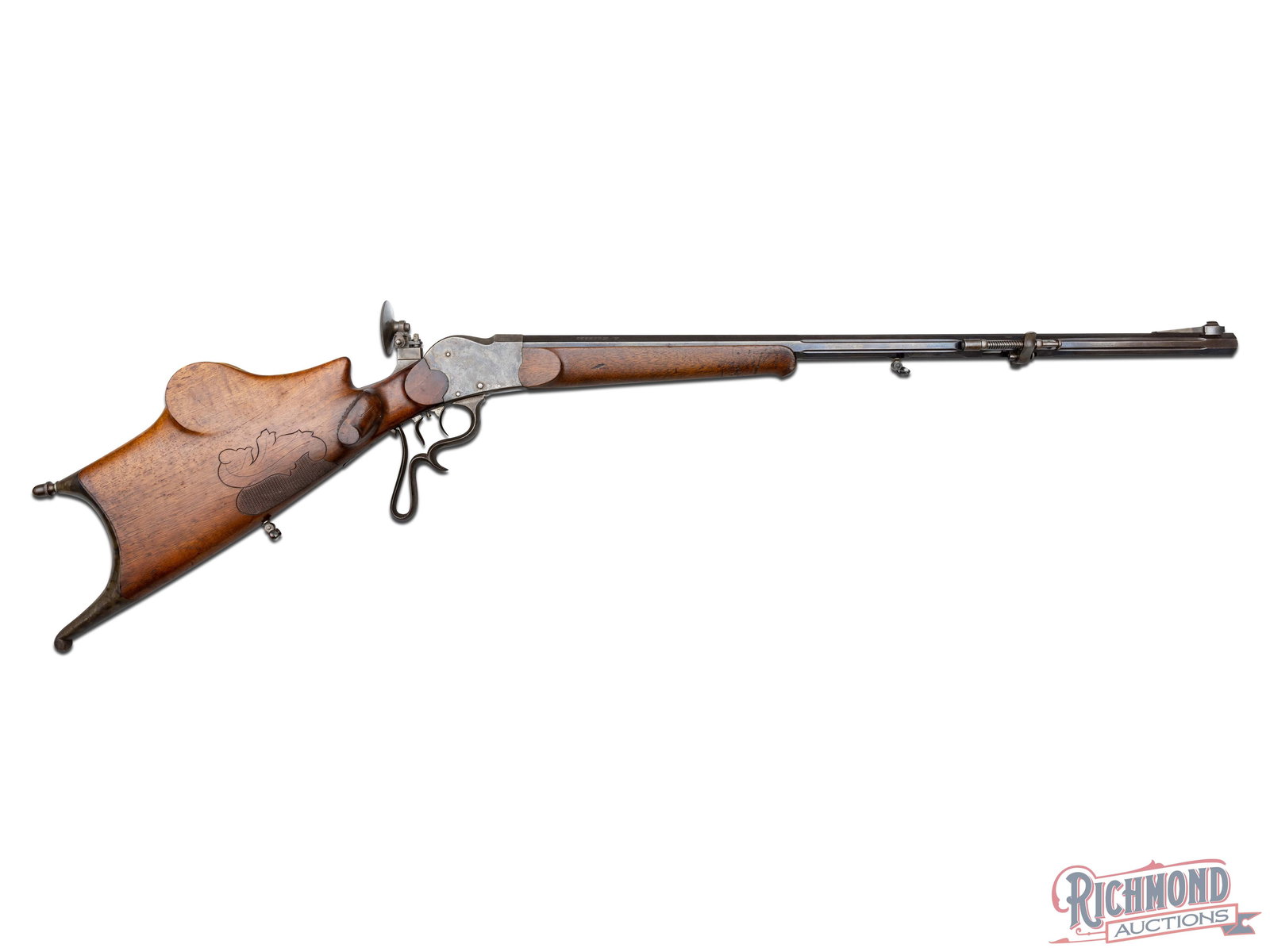 A. Kliegel Single Shot Zimmerstutzen Rifle With Bugelspanner In 4mm Caliber: Made by A. Kleigel in Dachau, Germany circa 1900 for use in the target shooting sport that ruled that time period with these rifles known as "Zimmerstutzen" or translation "Parlor Rifle". Blued line e